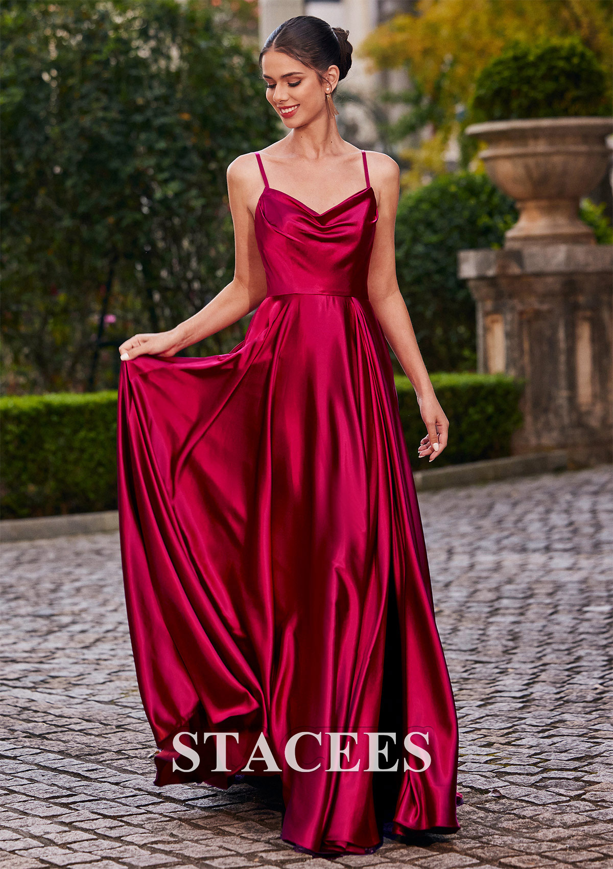 Burgundy A-line Cowl Neck Sweep Train Charmeuse Prom Dress with Pleated Pockets Split - STACEES