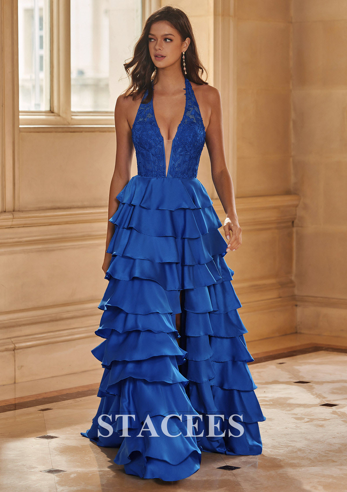 halter a-line dress Sweep Train Lace Corset Tiered Prom with Ruffles Slit S8261P - Prom Dresses Explore the Elegance of styleattribute-halter neck Line Long Prom Dress Size:10 US (42 EU)