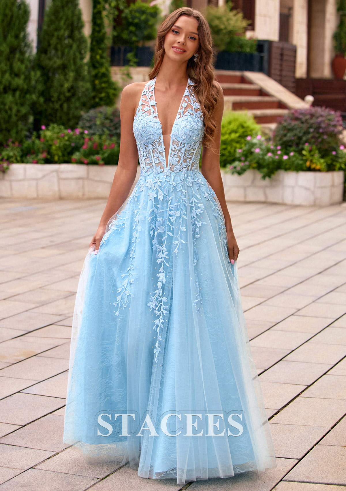 blue lace halter dress A-line Plunge Beading Leaf Illusion Corset Prom S8874P - Prom Dresses Southwest Black Bean Corn Features:Ruched Size: US:8 weighted drape