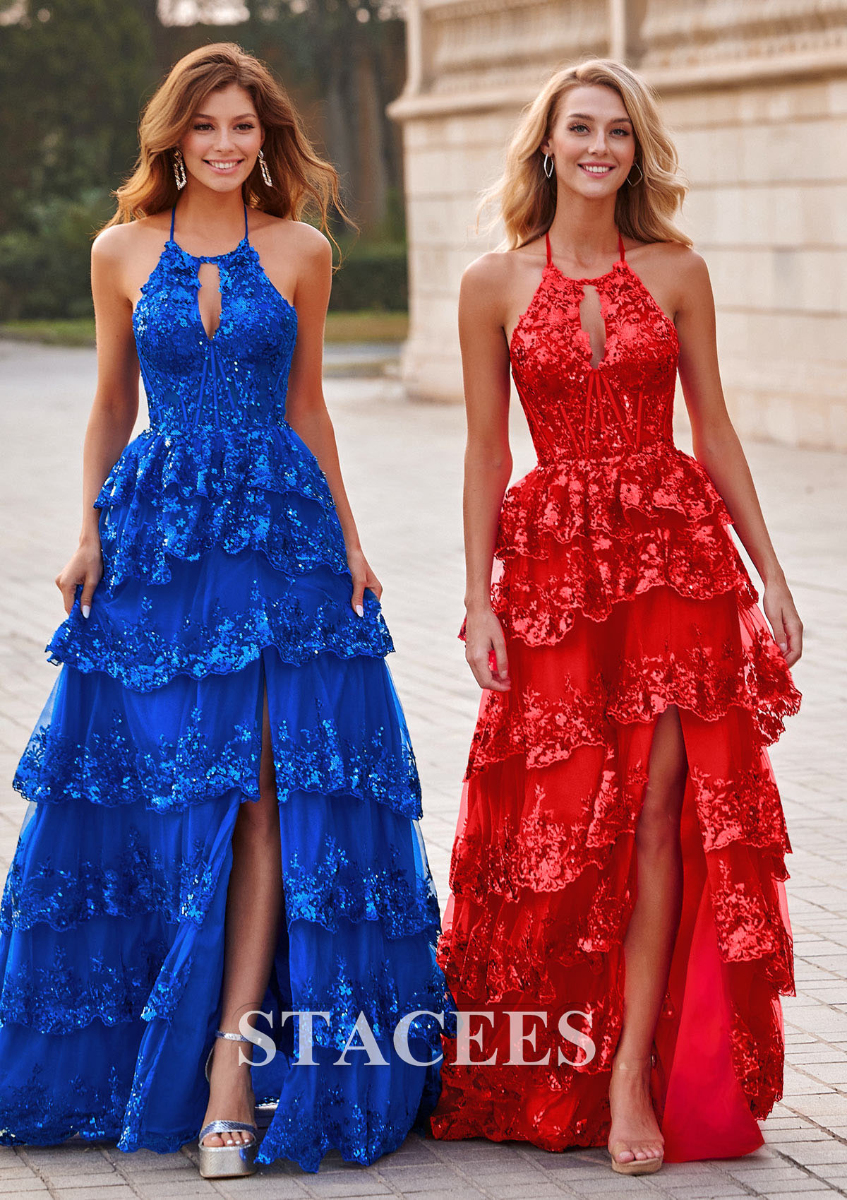 Red Vestido línea a cuello halter tul barrer tren vestido de graduación - STACEES