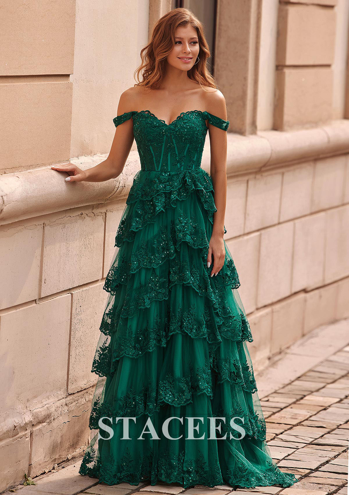 Vert Foncé Trapèze épaule dénudée tulle traîne balayage robe de bal  - STACEES
