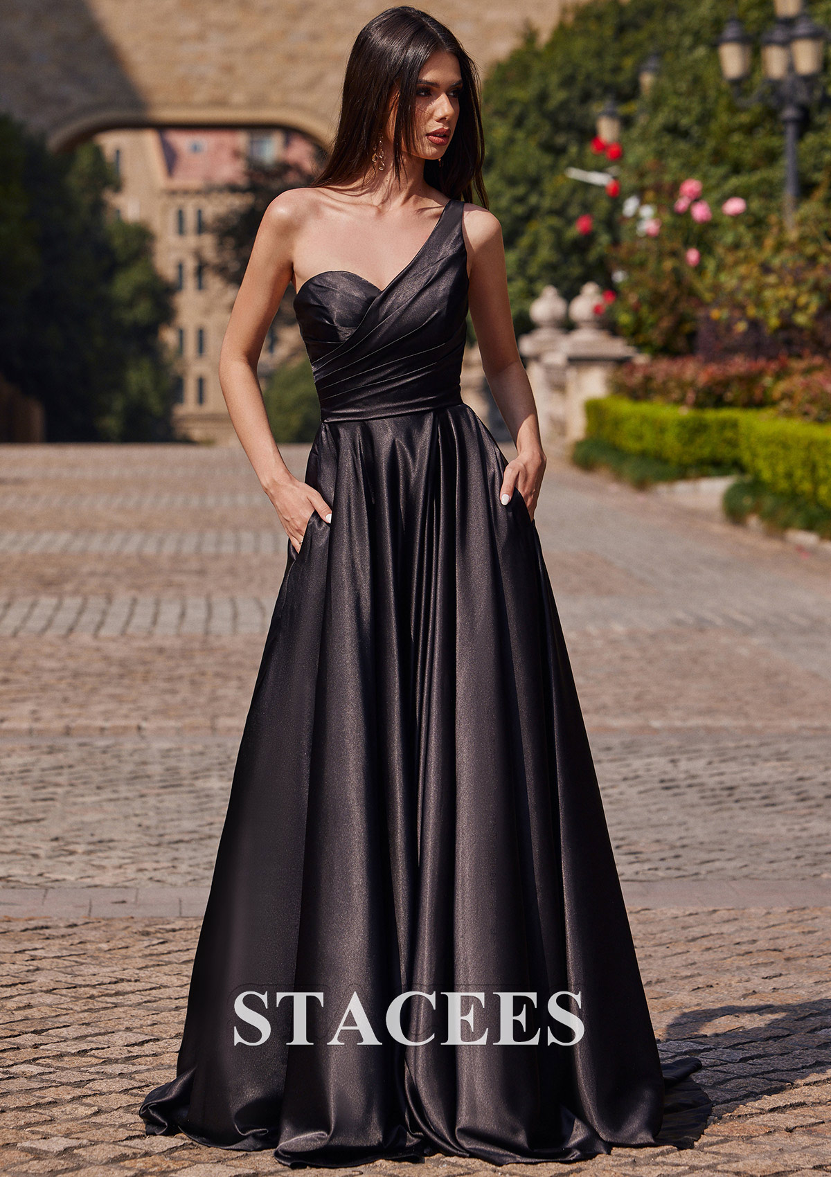 Black A-line One-Shoulder Sleeveless Sweep Train Charmeuse Prom Dress with Pleated Pockets Split - STACEES