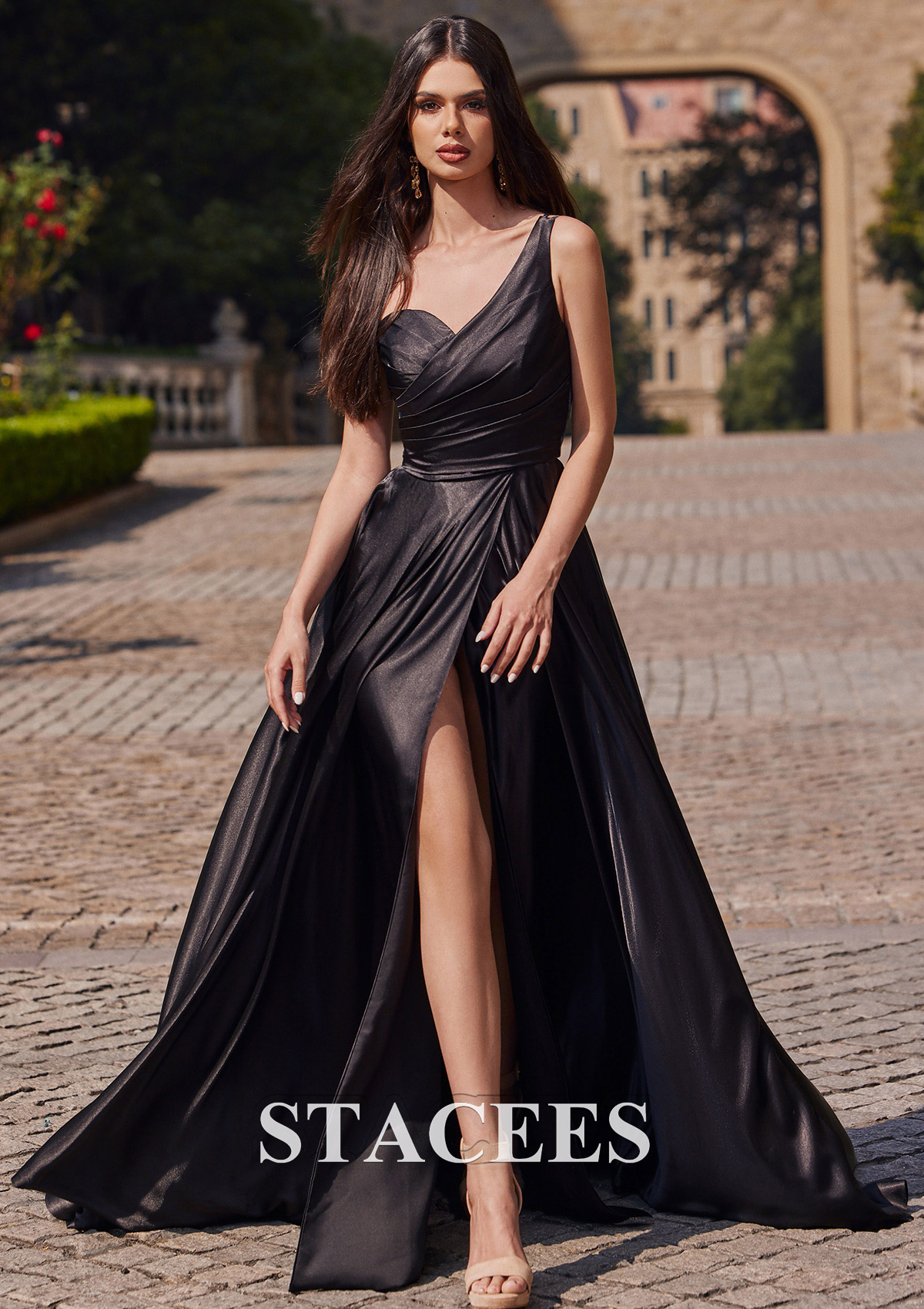 Black A-line One-Shoulder Sleeveless Sweep Train Charmeuse Prom Dress with Pleated Pockets Split - STACEES
