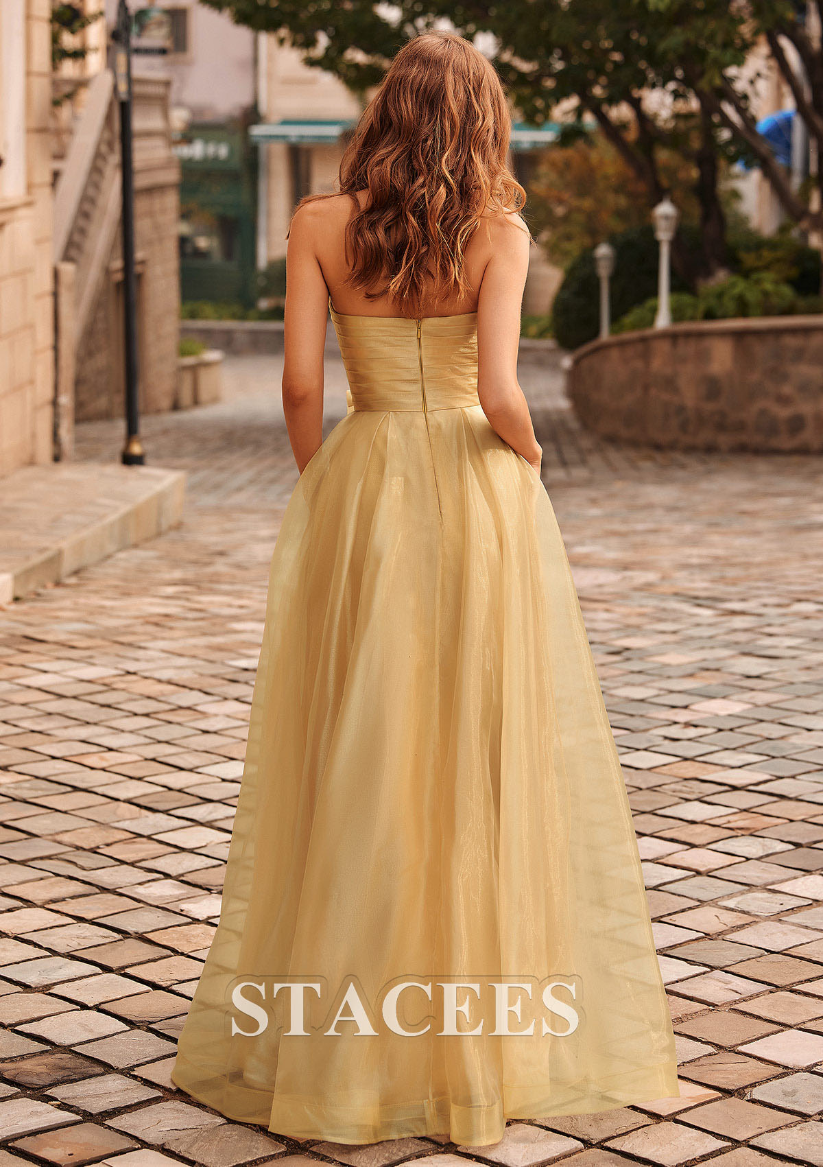 Gold Shiny A-line Organza Pleated Strapless Prom Dress with Bow Pockets - STACEES