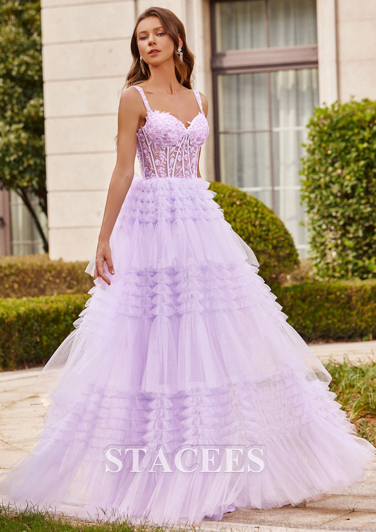Lilac A-line Princess Sweetheart Sweep Train Tulle Prom Dress with Appliqued Ruffles - STACEES