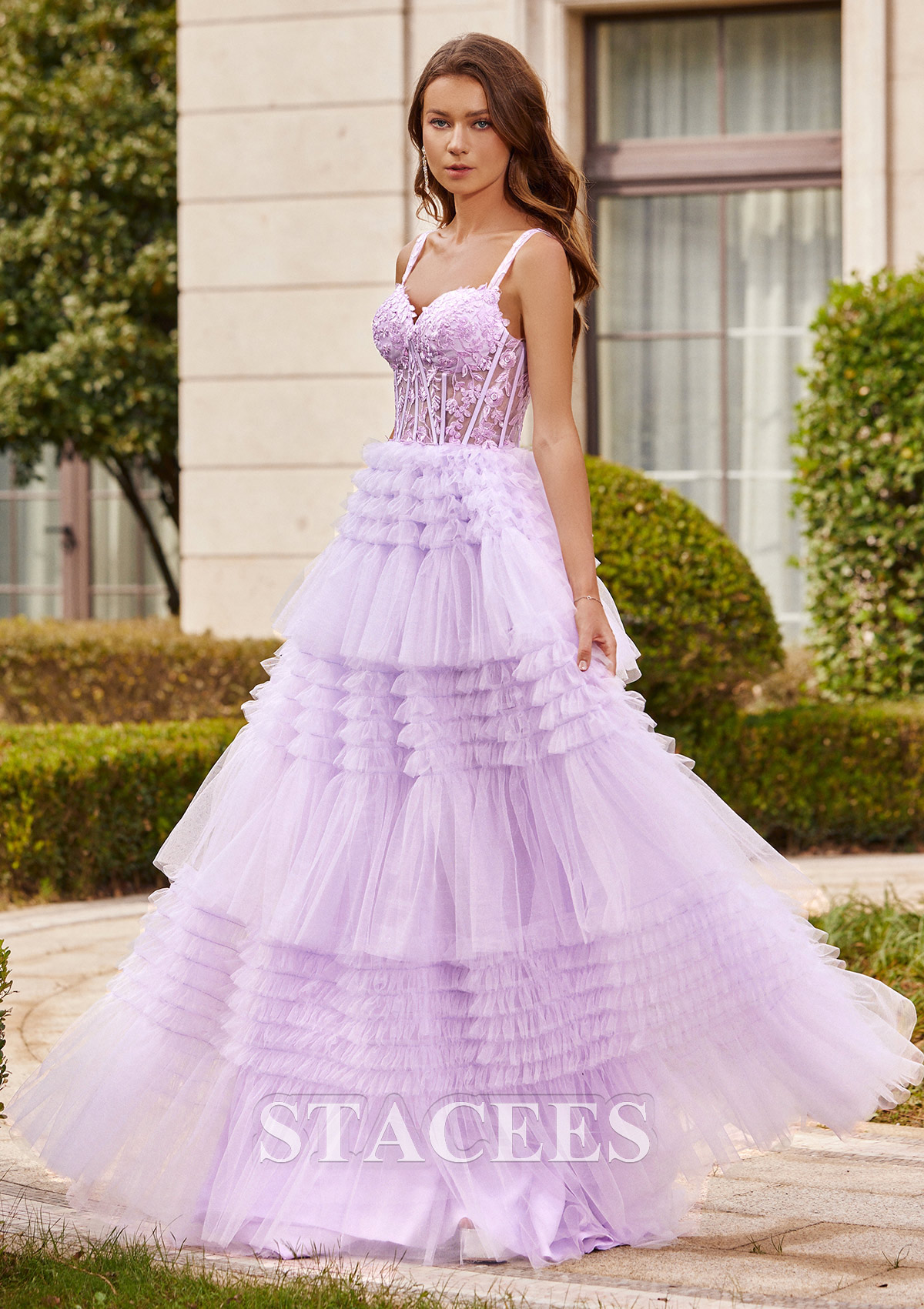 Lilac A-line Princess Sweetheart Sweep Train Tulle Prom Dress with Appliqued Ruffles - STACEES