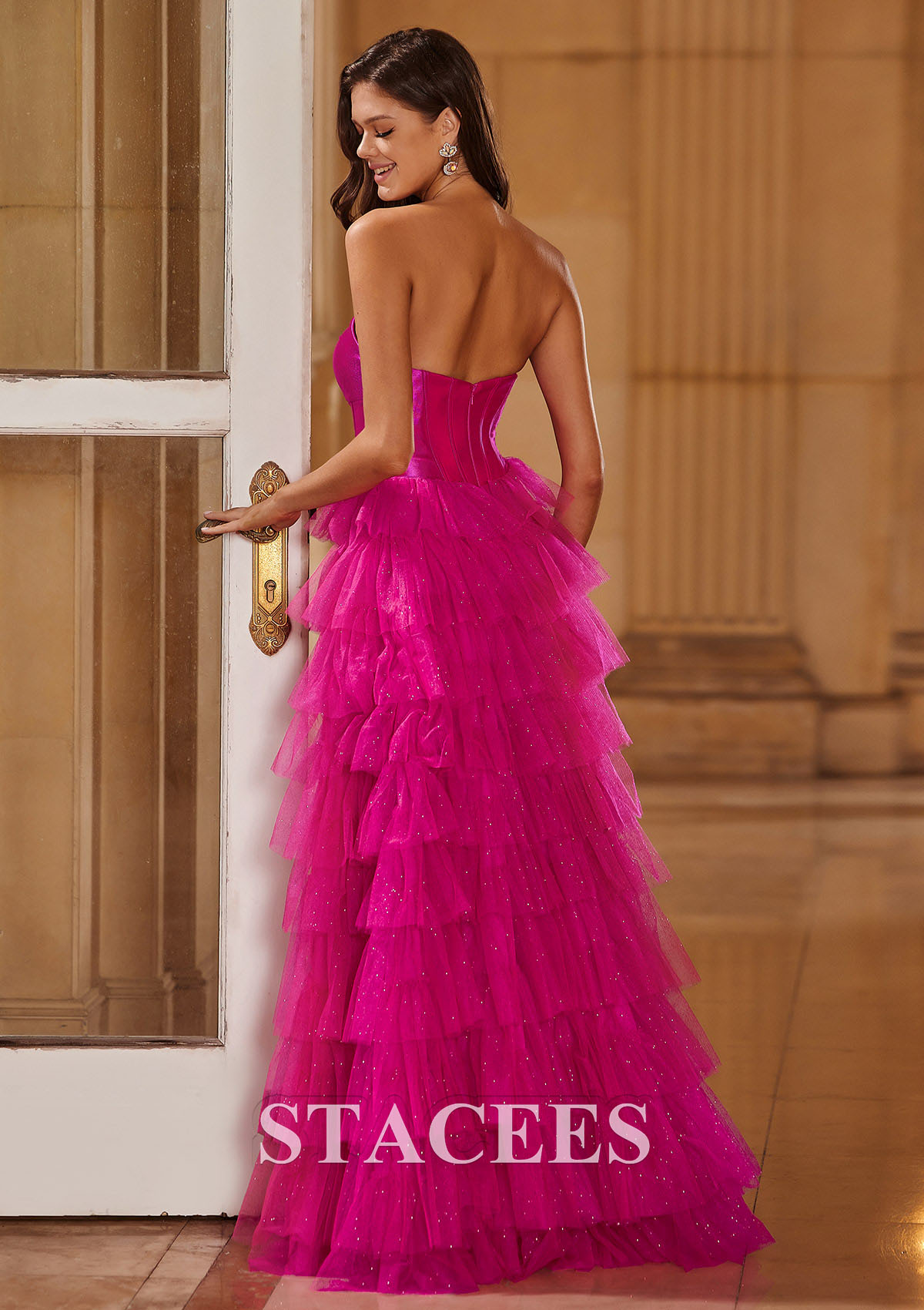 Fuchsia Trapèze princesse cache coeur tulle ras du sol robe de bal  - STACEES