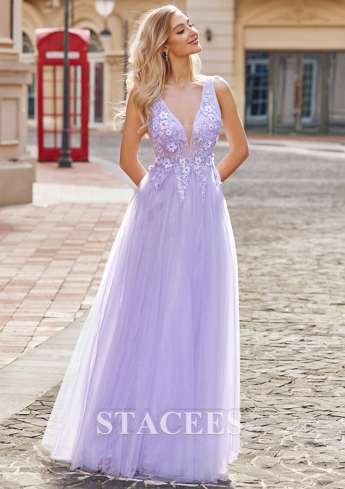 Lilac Vestido línea a princesa escote en v tul hasta el suelo vestido de graduación - STACEES