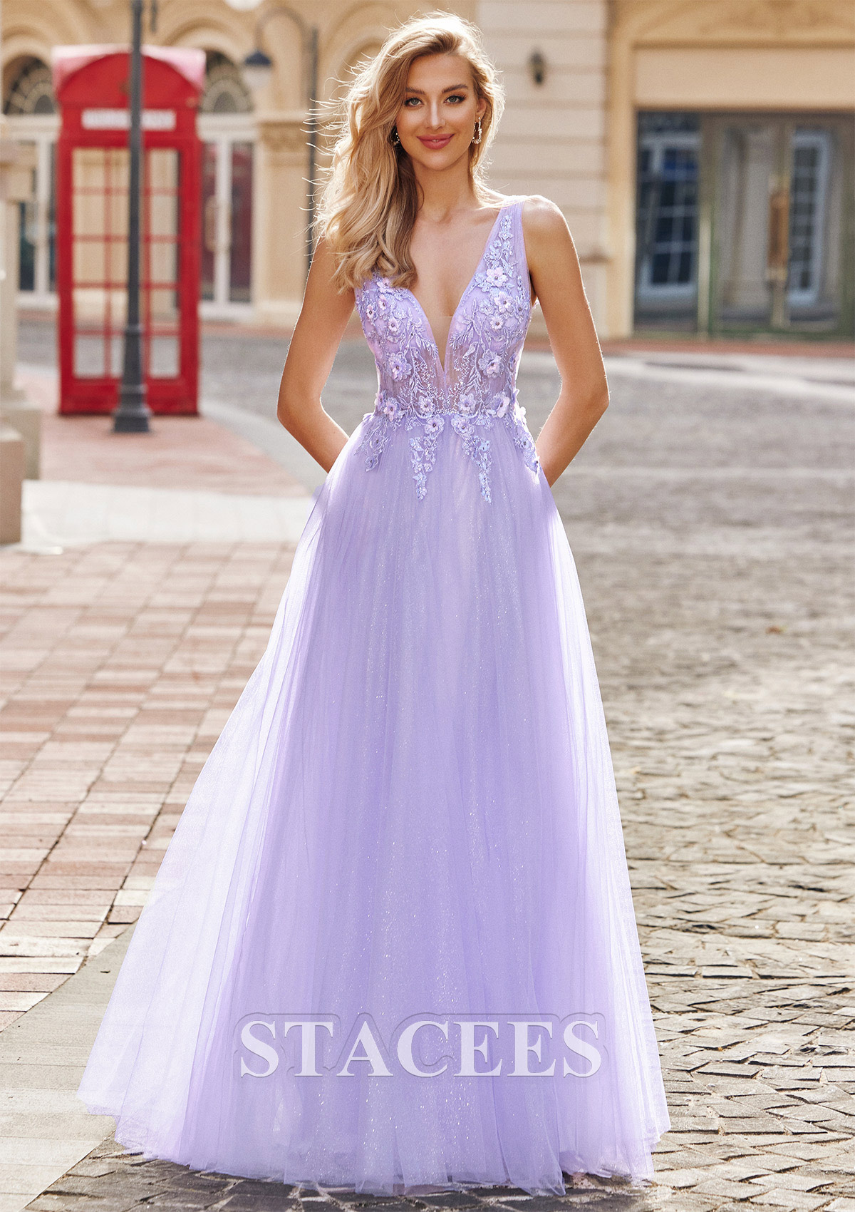 Lilac Vestido línea a princesa escote en v tul hasta el suelo vestido de graduación - STACEES