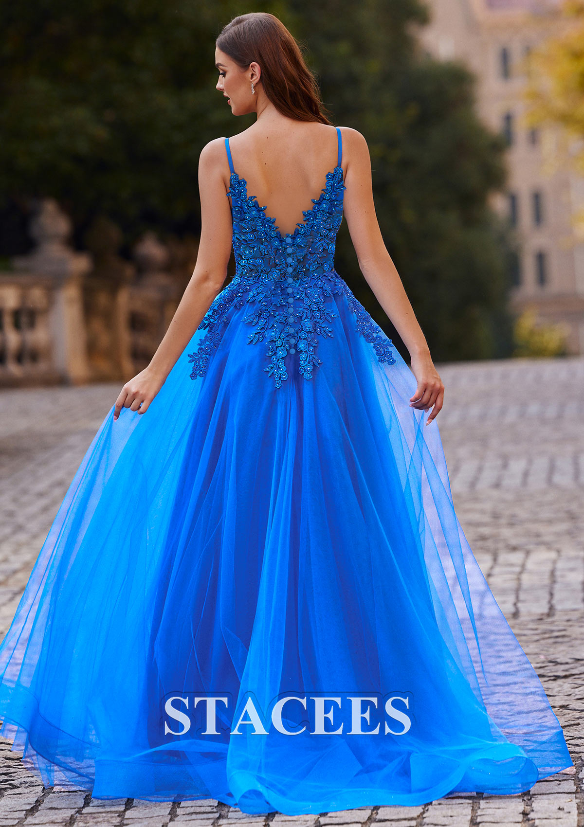 Ocean Blue A-line Princess V Neck Sweep Train Tulle Prom Dress with Appliqued Beading - STACEES