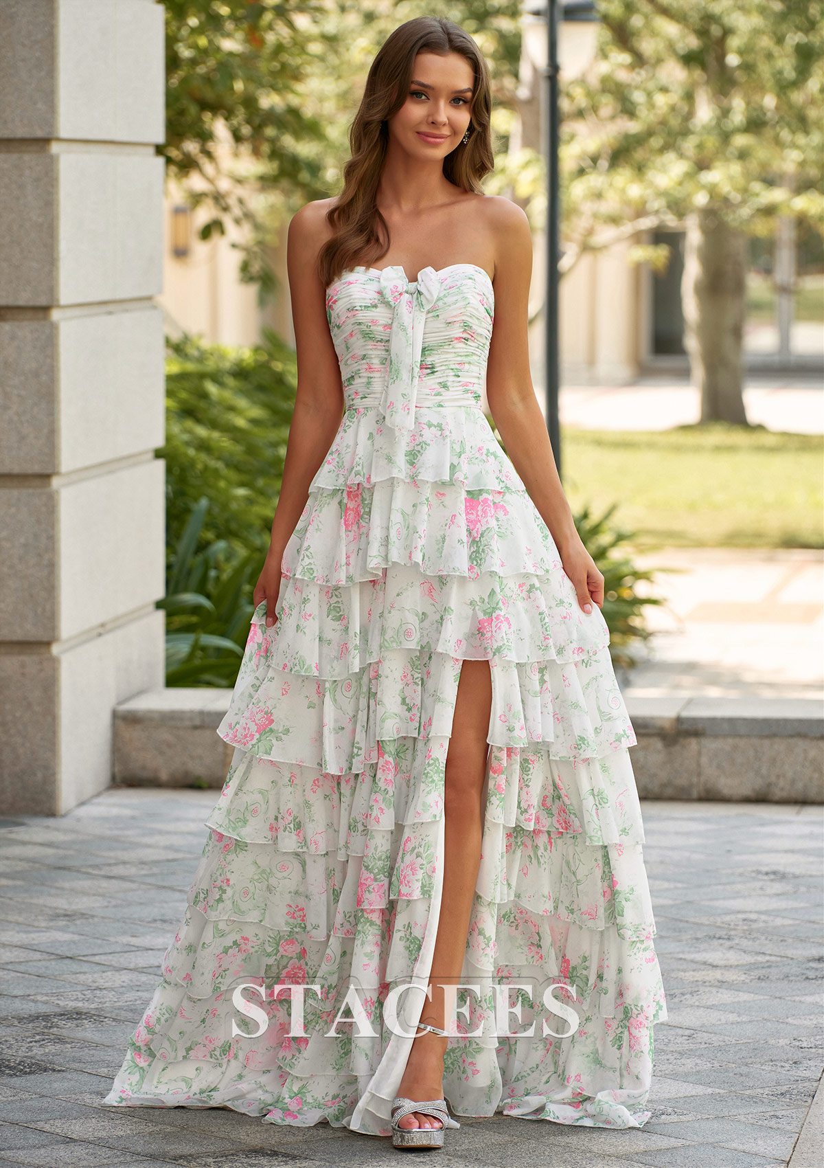 tiered floral lace printed chiffon dress Strapless Print Ruffle Prom with Ruched Tie Bodice Slit S9070P - Prom Dresses Lightweight Travel Dresses | Ball gown product-type-Midi Dresses Variant:Royal Blue size 2 and a larger floral