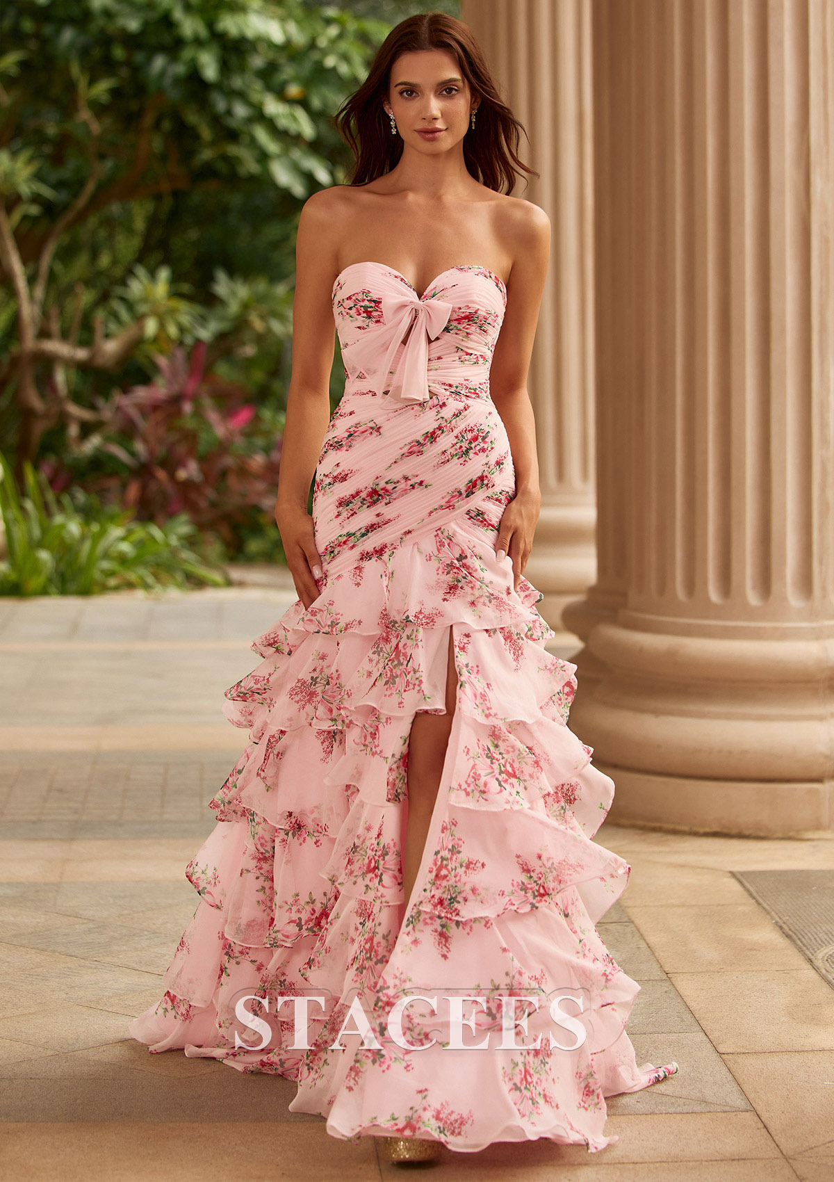 Blushing Pink Floral A-line Pleated Strapless Floral Print Chiffon Ruffle Tiered Prom Dress with Bow - STACEES