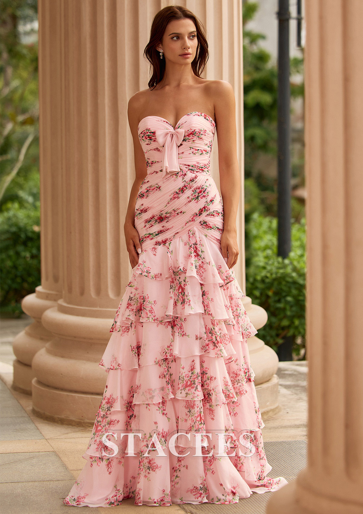 Blushing Pink Floral A-line Pleated Strapless Floral Print Chiffon Ruffle Tiered Prom Dress with Bow - STACEES