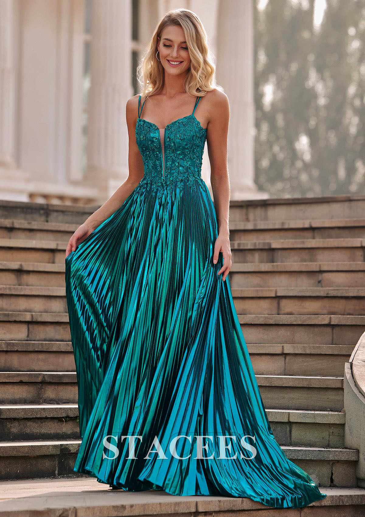 Teal Shiny A-line Ruched Metallic Slit Sweep Train Prom Dress with Plugging V-neck - STACEES