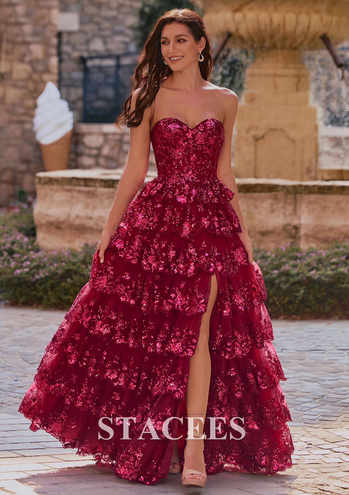 Burgundy A-line Strapless Sweetheart Sequin Tiered Ruffle Prom Dress with Slit - STACEES