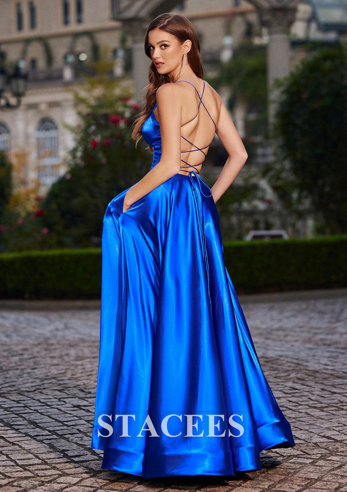 Royal Blue Vestido línea a escote en v tela charmeuse hasta el suelo vestido de graduación - STACEES