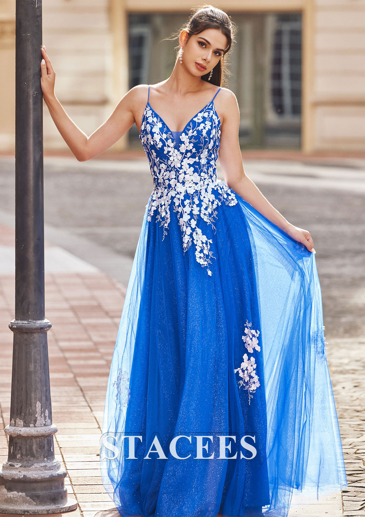 Ocean Blue Vestido línea a escote en v tul hasta el suelo vestido de graduación - STACEES