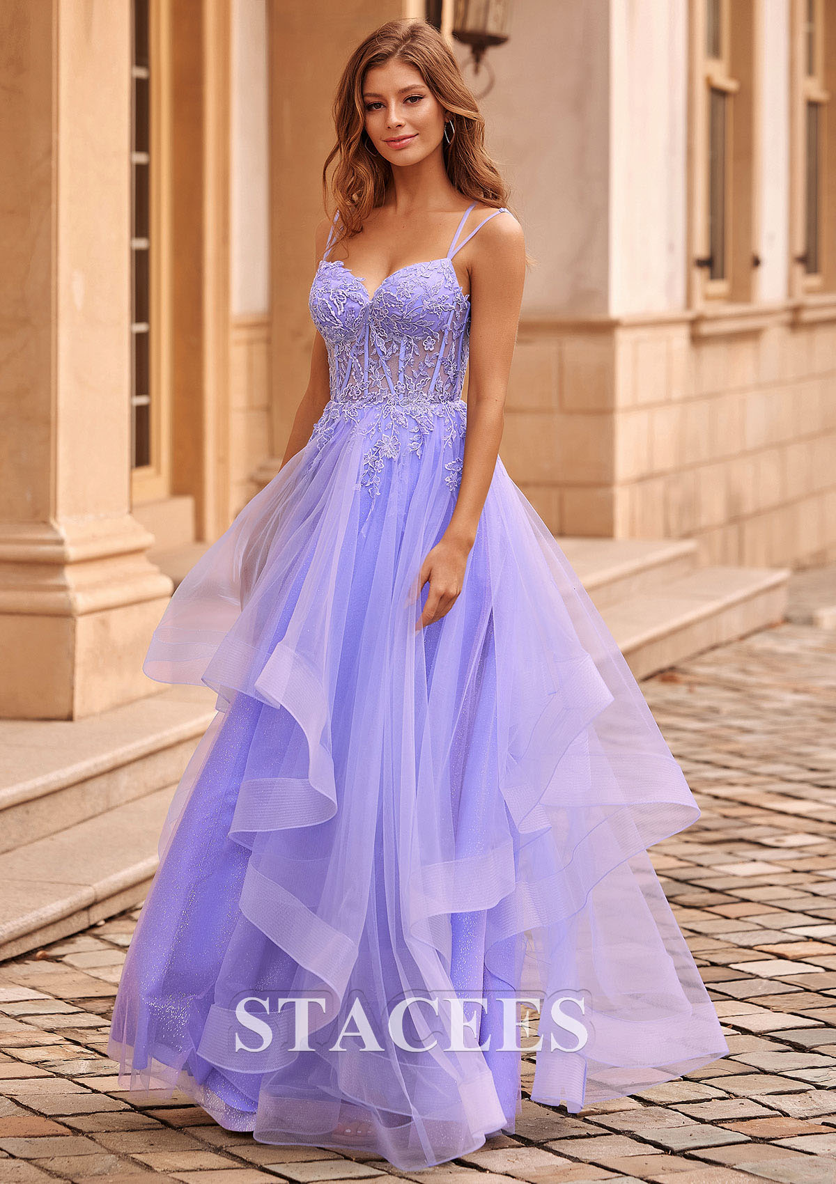 As Picture A-line V Neck Tulle Floor-Length Prom Dress with Appliqued Ruffles Glitter - STACEES