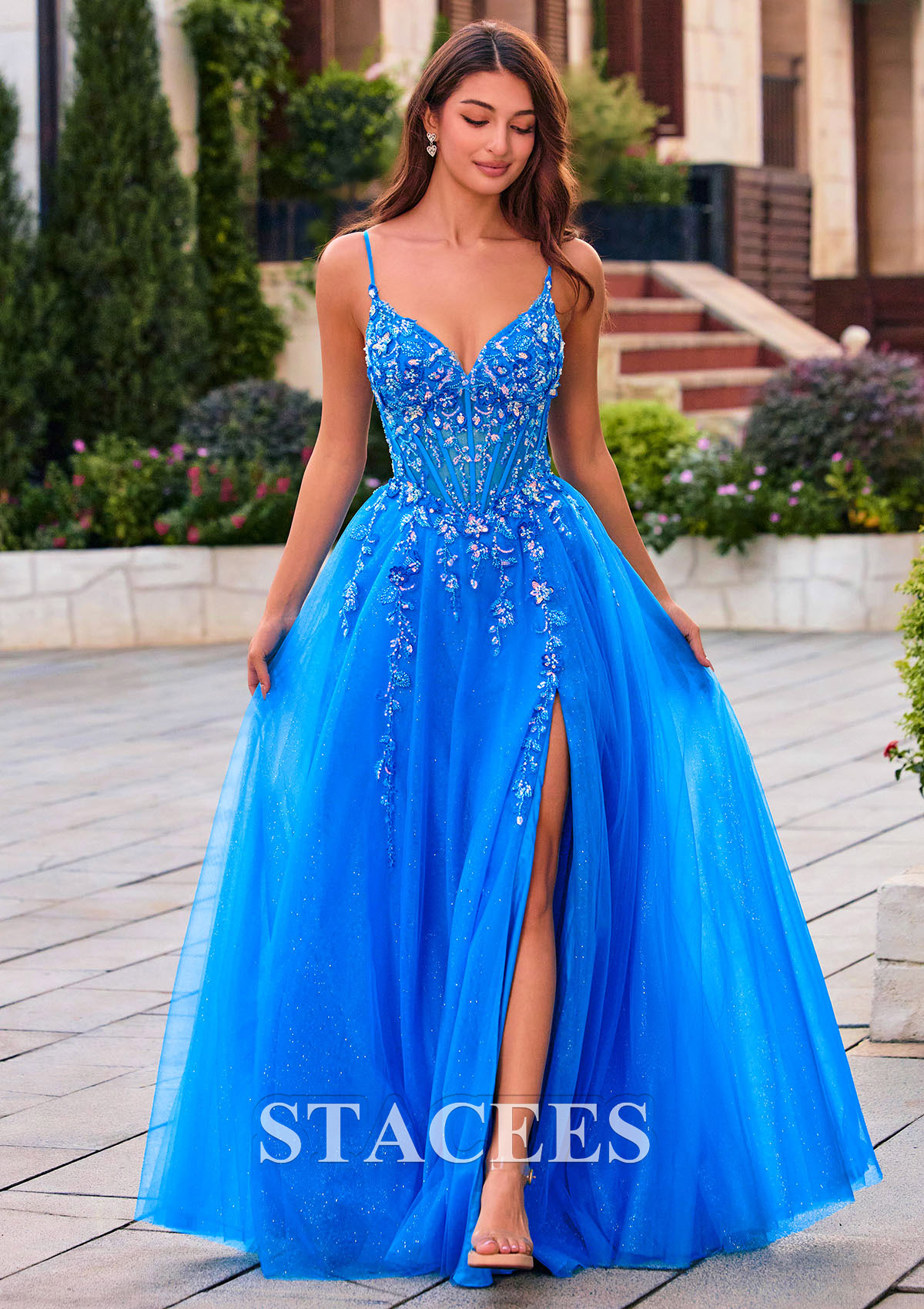 Bleu Océan Trapèze col en v tulle longueur ras du sol robe de bal avec paillettes fendue - STACEES