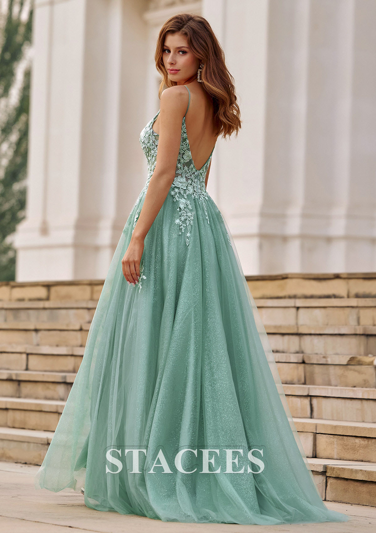 As picture A-line V Neck Tulle Sweep Train Prom Dress with Appliqued Sequins Split Glitter - STACEES