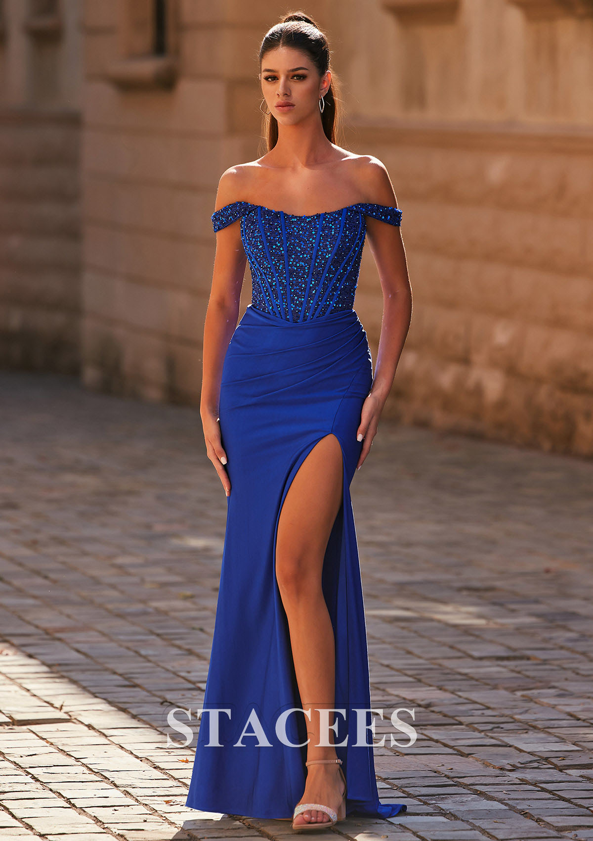 Bleu Royal Fourreau épaule dénudée jersey traîne balayage robe de bal avec fendue  - STACEES