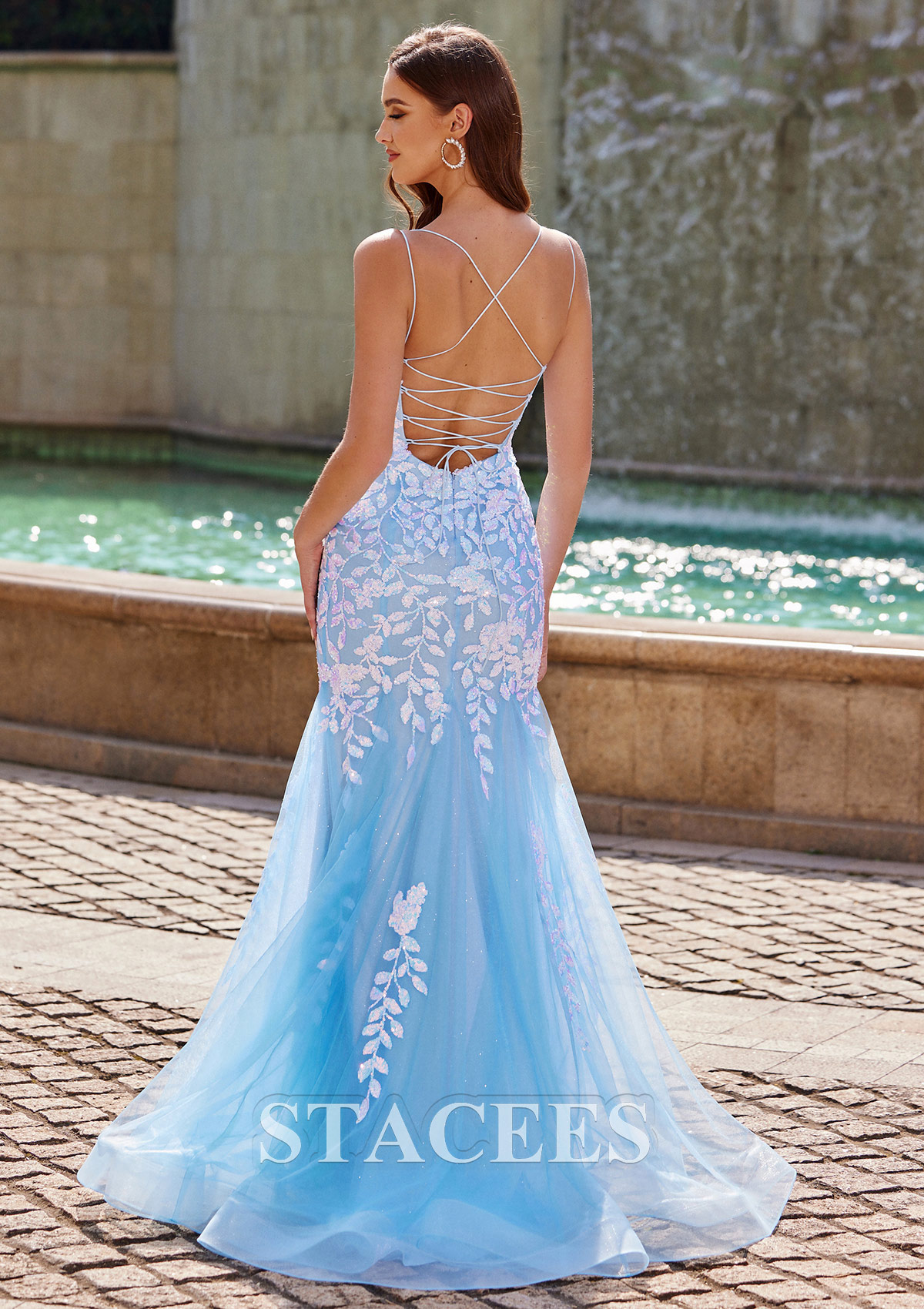 Sky Blue Trumpet/Mermaid V Neck Sleeveless Floor-Length Tulle Prom Dress with Sequins Glitter - STACEES