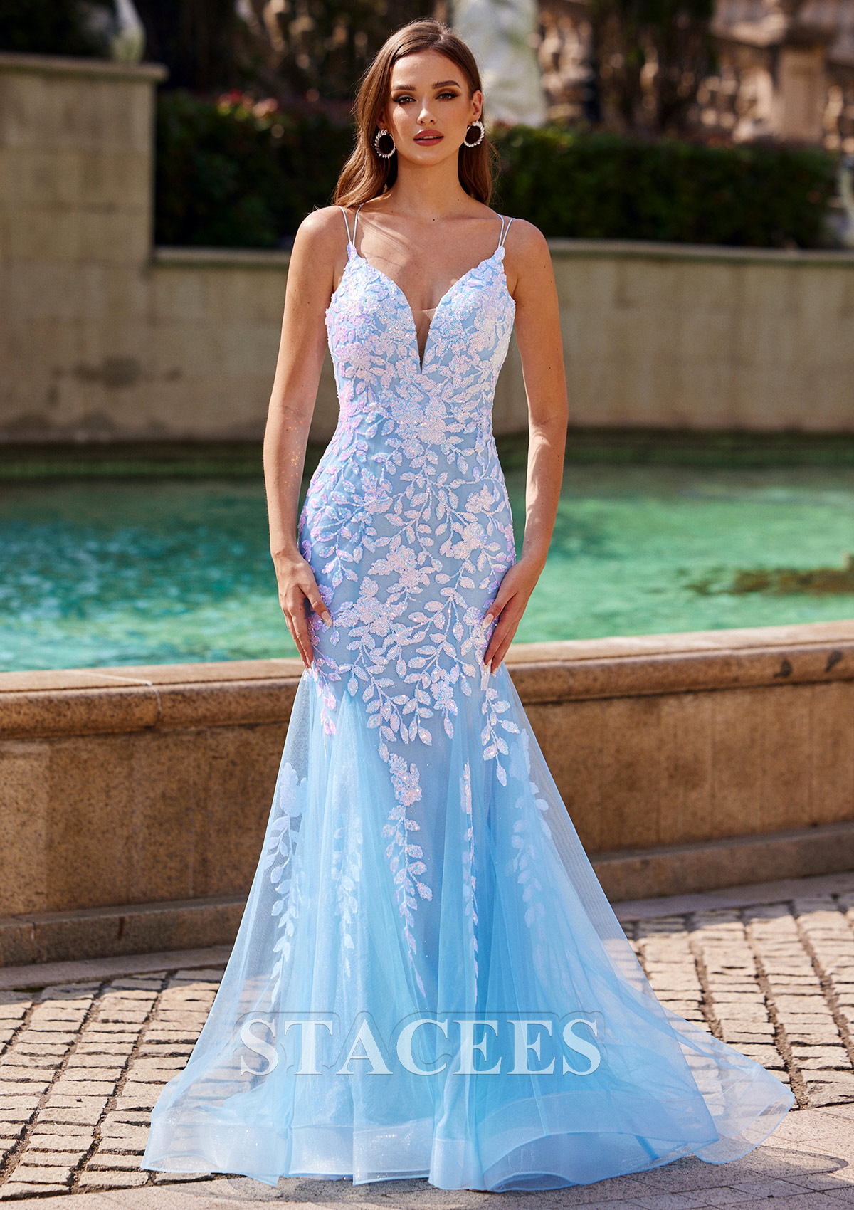 Sky Blue Trumpet/Mermaid V Neck Sleeveless Floor-Length Tulle Prom Dress with Sequins Glitter - STACEES