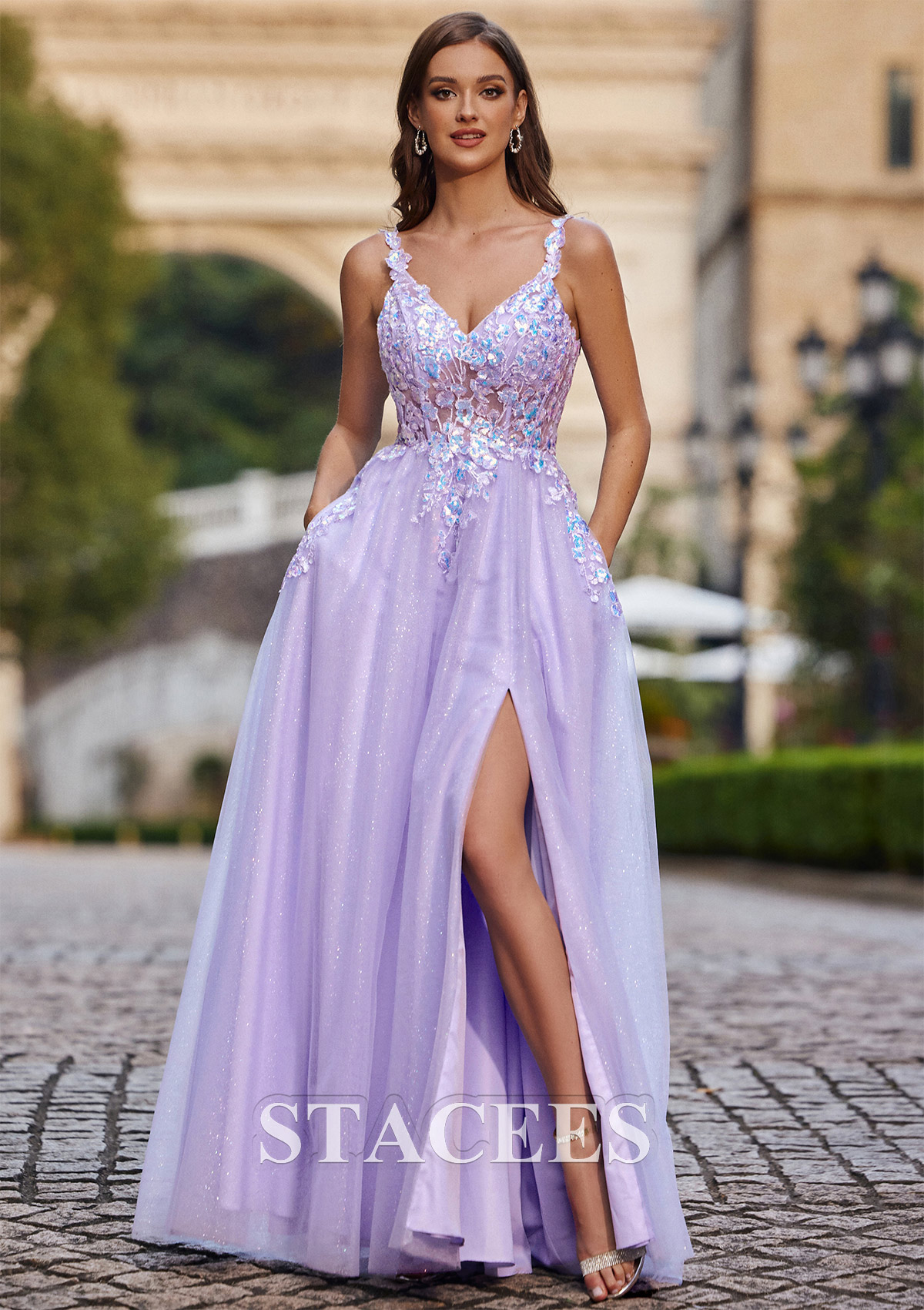 A-line Princess V Neck Sleeveless Floor-Length Tulle Prom Dress with Sequins Appliqued Pockets Glitter Split S7541P - Prom Dresses