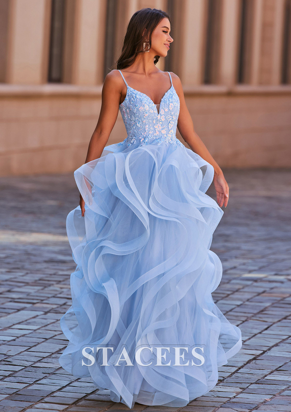 Sky Blue A-line Princess V Neck Tulle Floor-Length Prom Dress with Appliqued Ruffles Sequins - STACEES