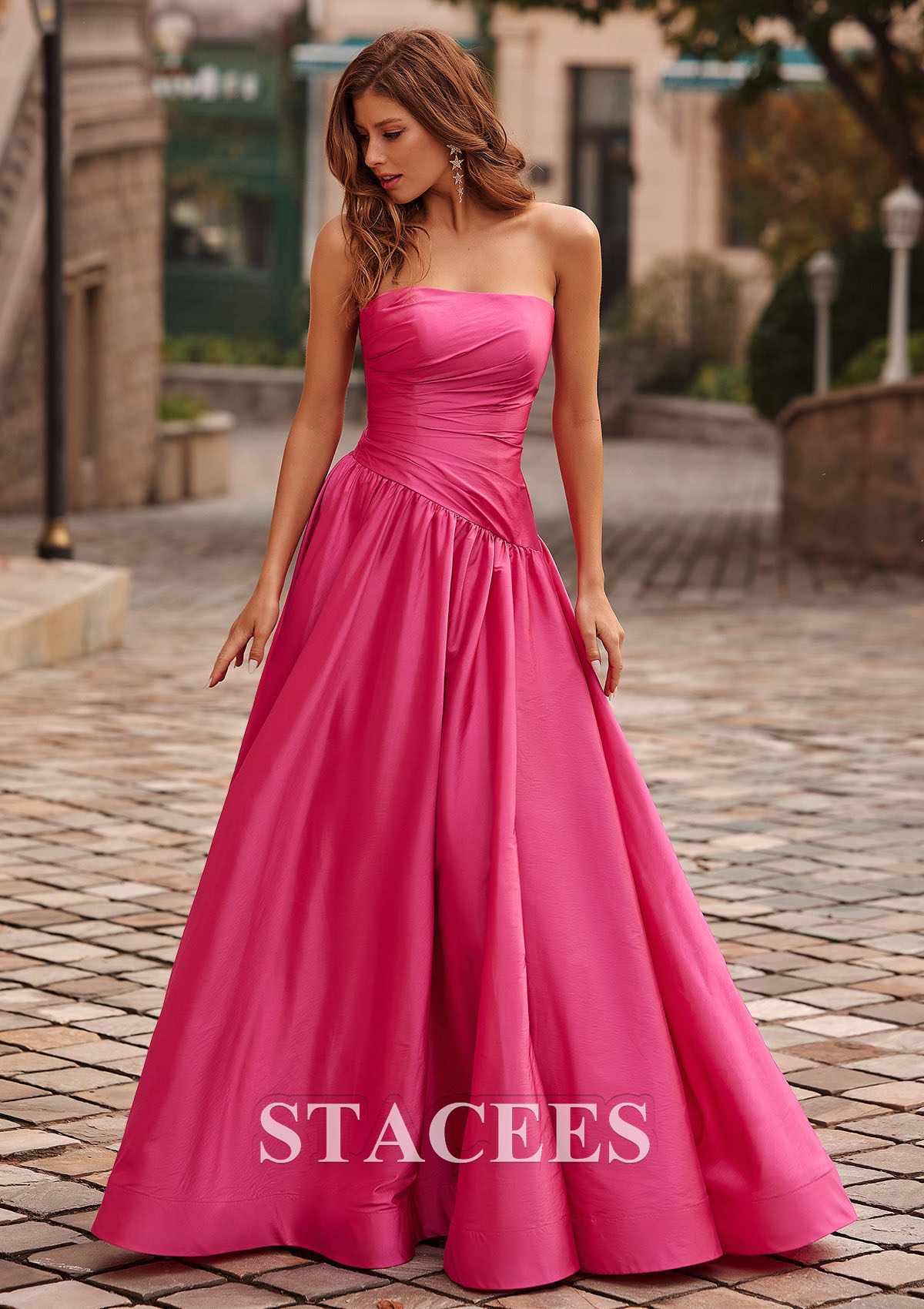 Hot Pink A-line Square Neckline Taffeta Sweep Train Prom Dress with Pleated Split - STACEES
