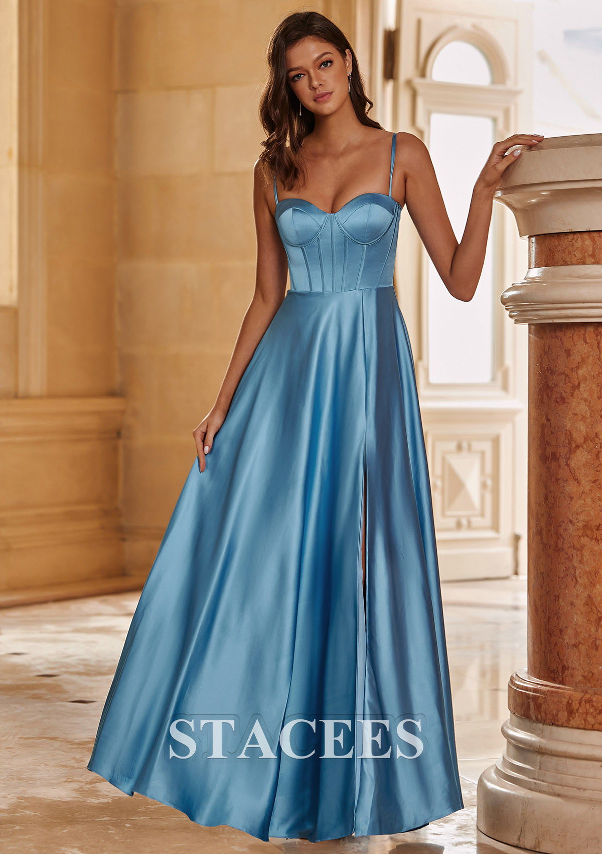French Blue A-line Sweetheart Satin Floor-Length Prom Dress with Split - STACEES