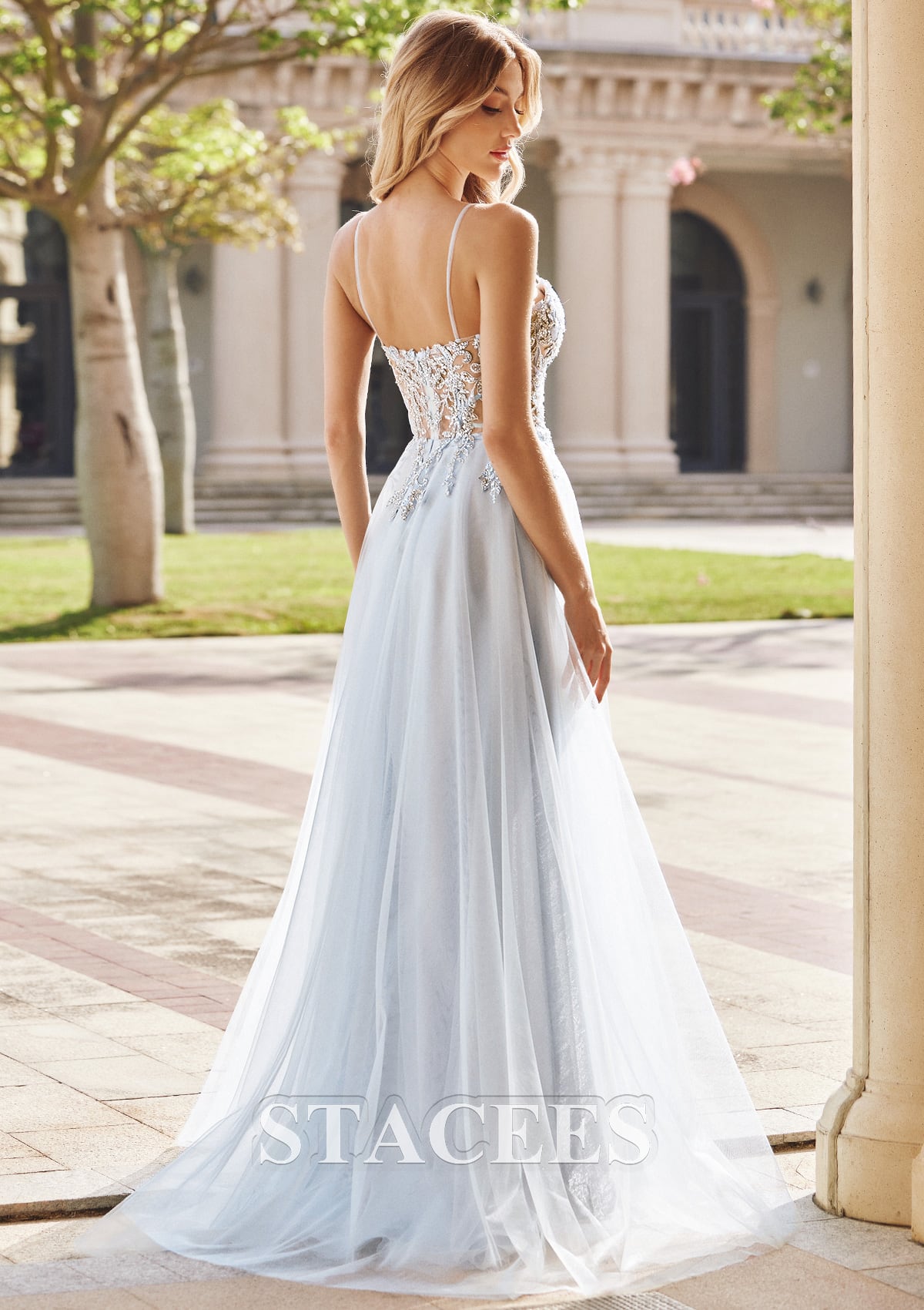 As picture A-line Sweetheart Sleeveless Sweep Train Tulle Prom Dress with Appliqued Sequins Split - STACEES