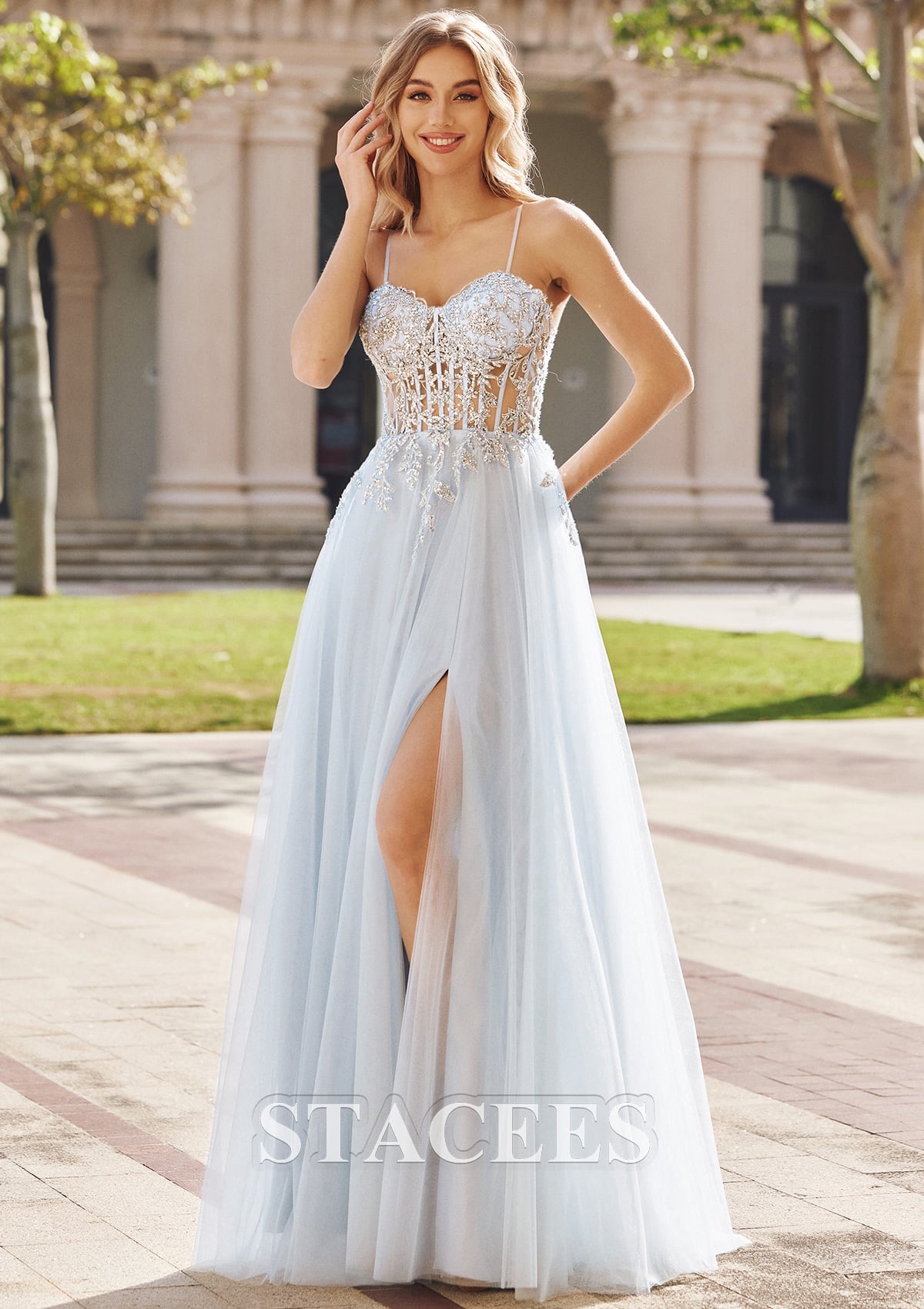 As picture A-line Sweetheart Sleeveless Sweep Train Tulle Prom Dress with Appliqued Sequins Split - STACEES