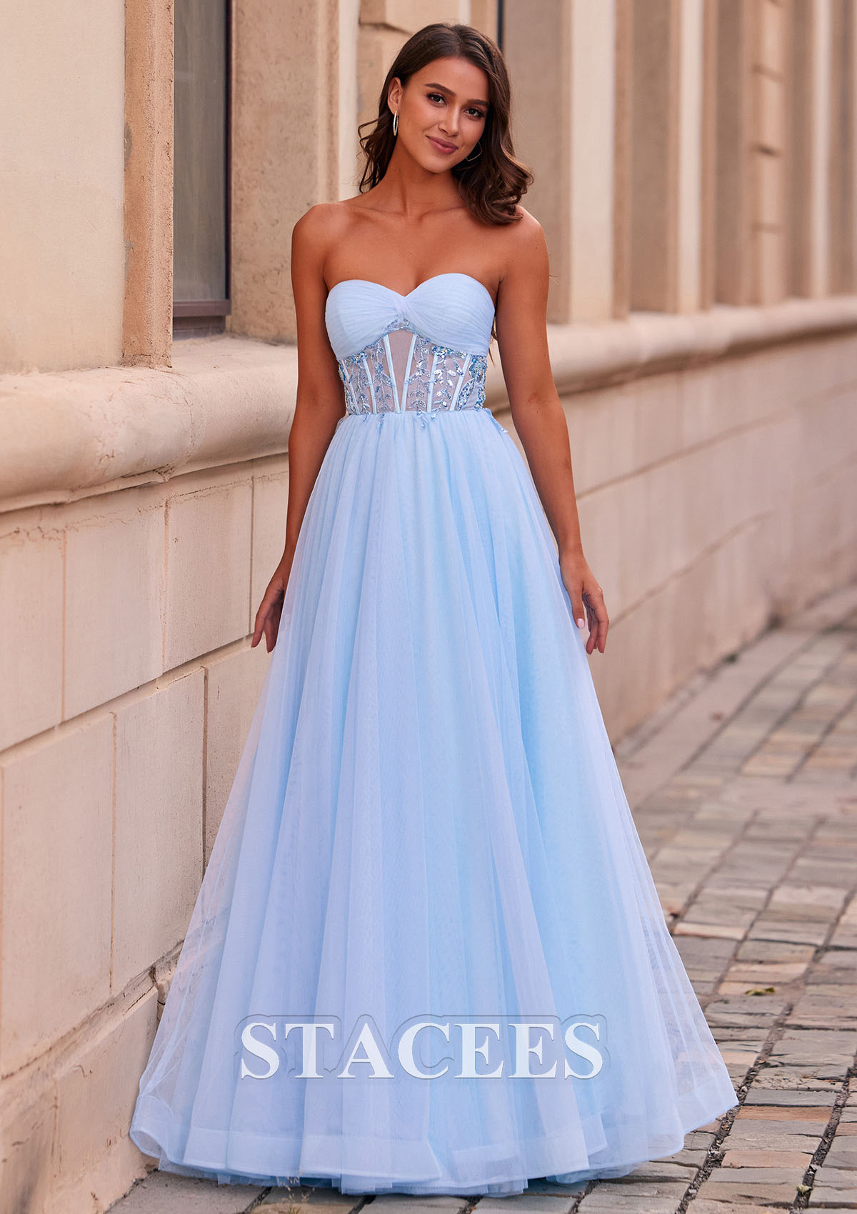 Sky Blue A-line Sweetheart Tulle Floor-Length Prom Dress with Beading Pleated Sequins - STACEES