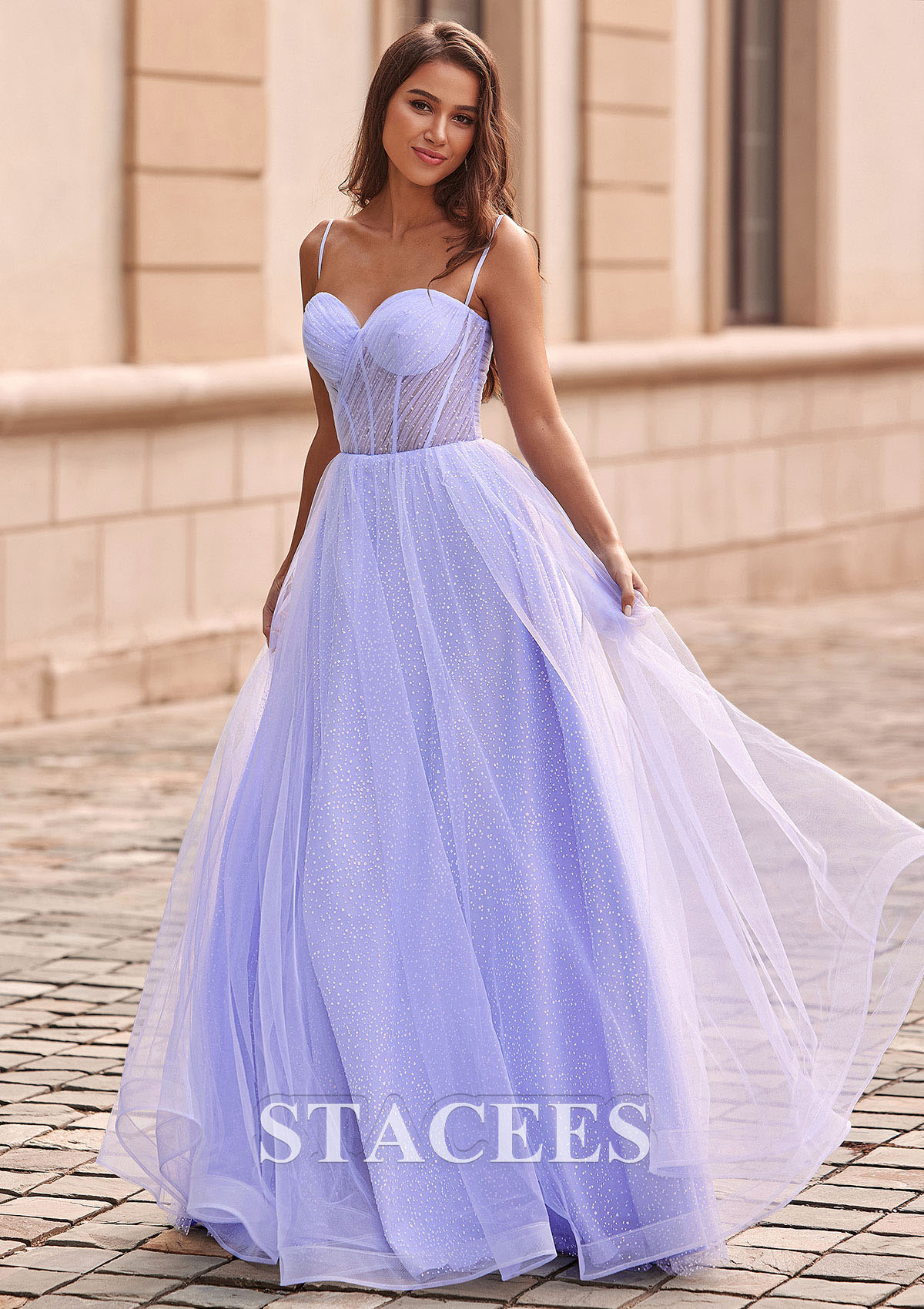 Lavender A-line Sweetheart Tulle Floor-Length Prom Dress with Pleated Split Glitter - STACEES