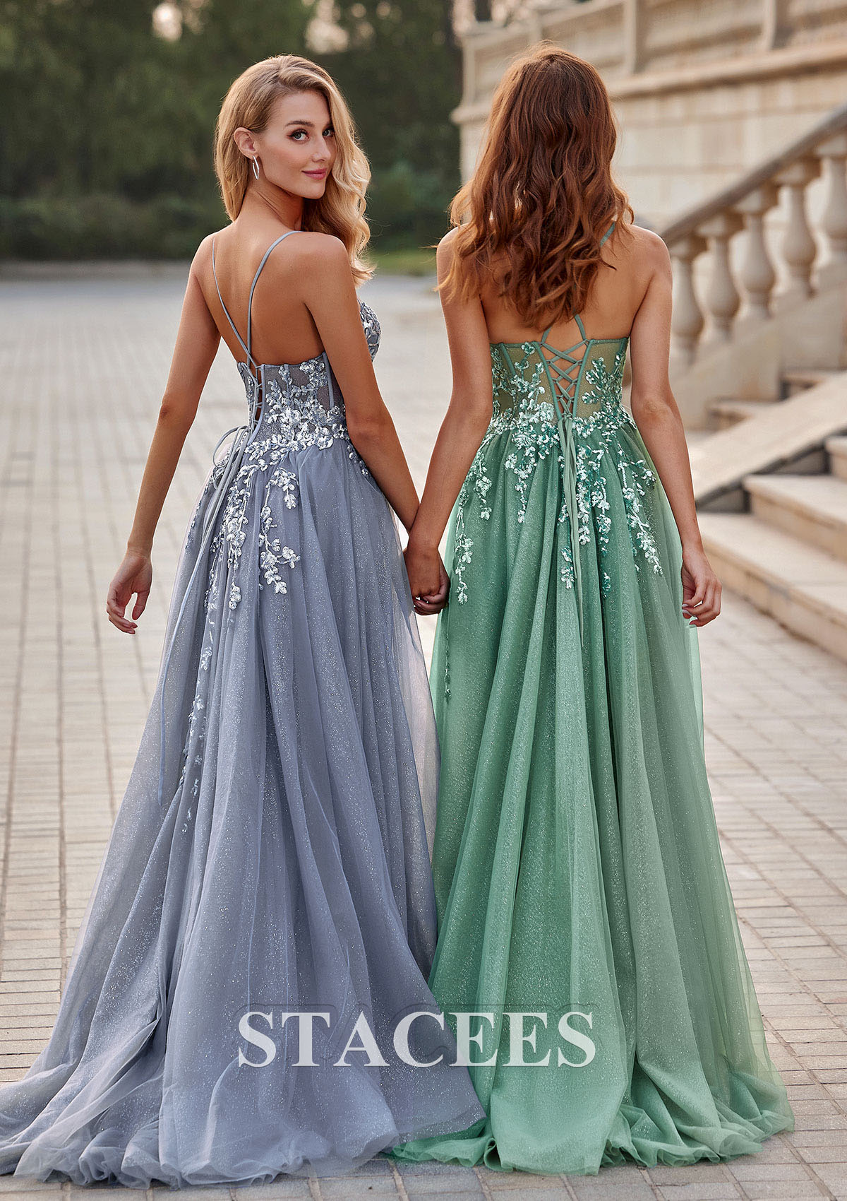 Bleu Poudré Robe trapèze tulle sans manches traîne balayage robe de fête de la rentrée - STACEES