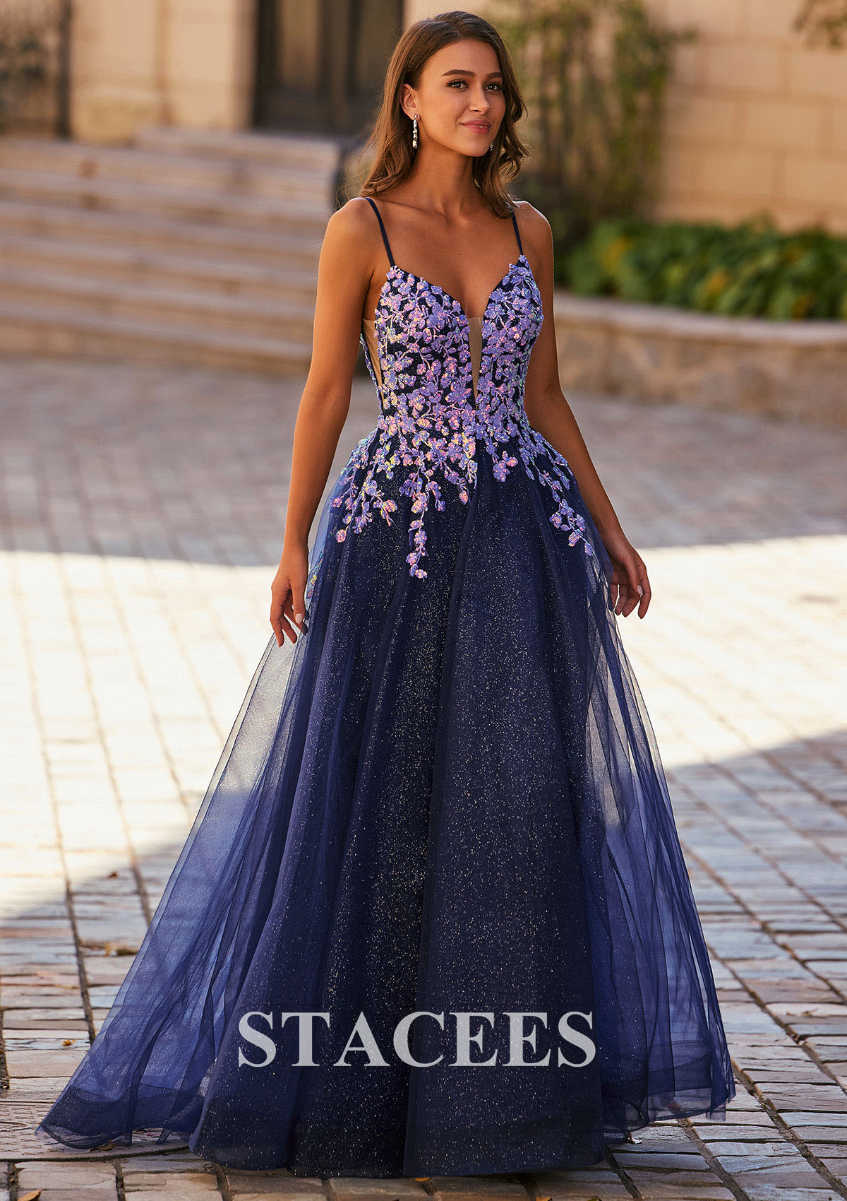 Dark Navy A-line V Neck Sweep Train Glittery Tulle Leaf Sequins Prom Dress - STACEES