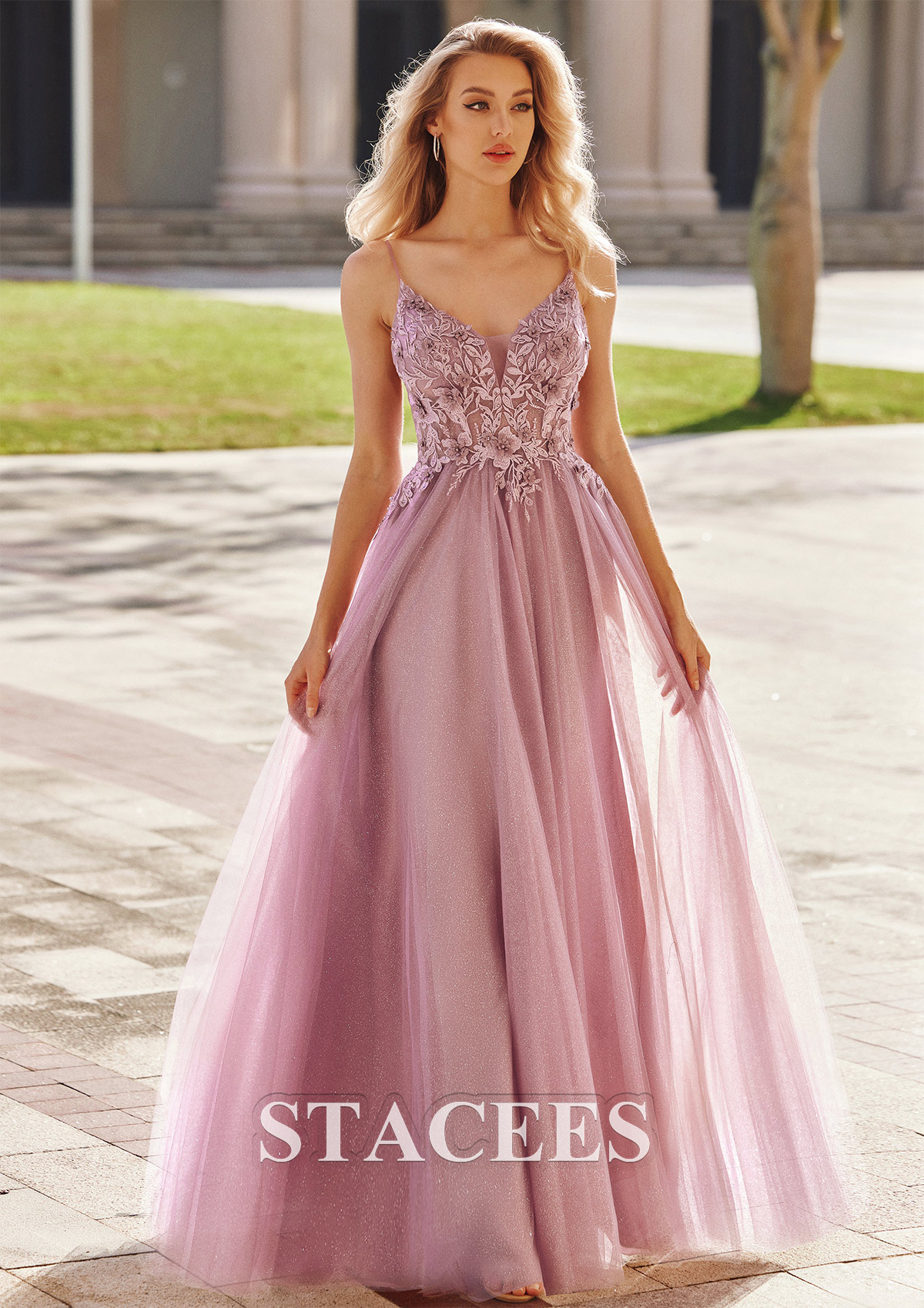 Mauve Vestido línea a escote en v tul hasta el suelo vestido de graduación - STACEES