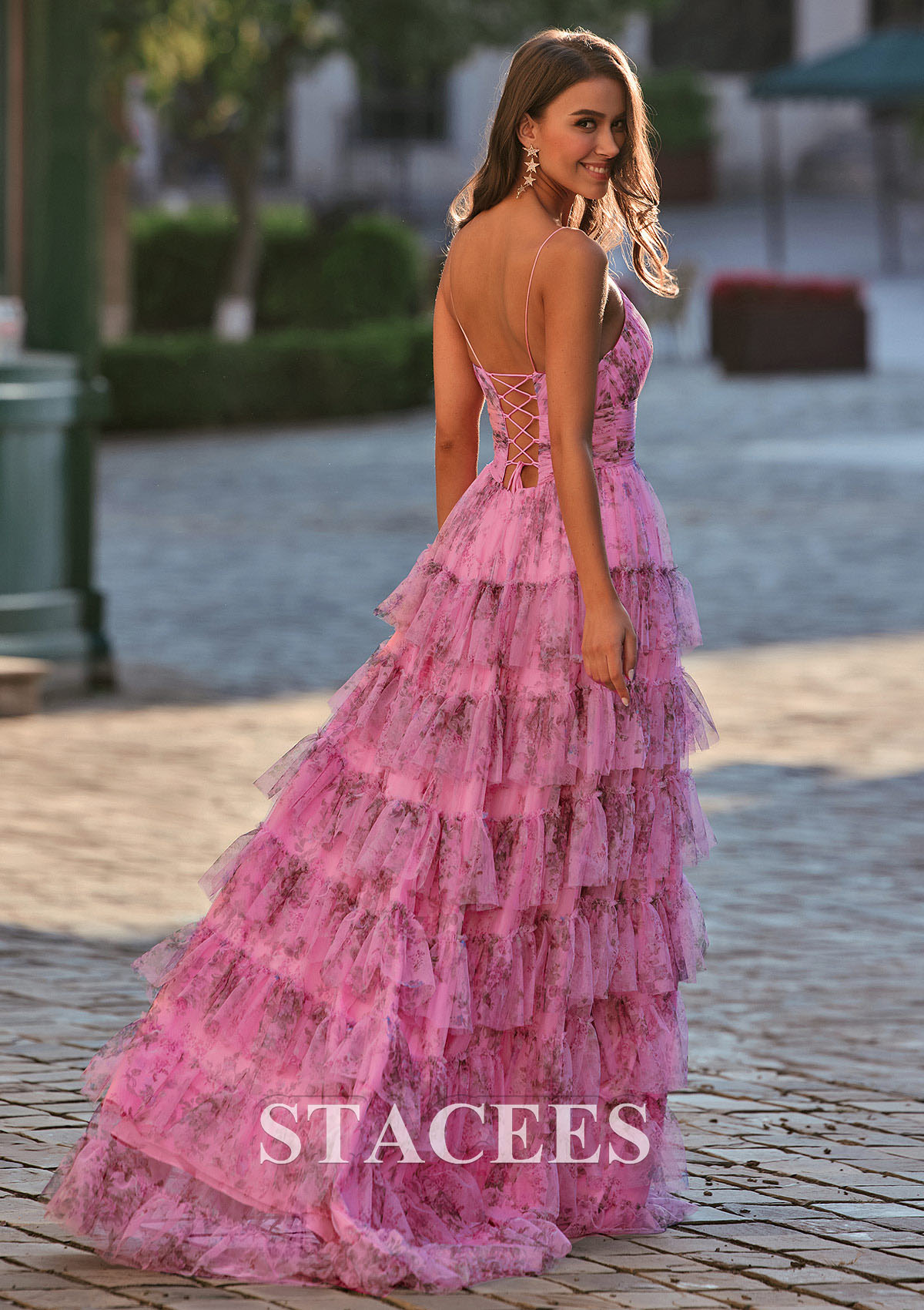 Candy Pink Vestido línea a escote en v tul barrer/cepillo tren vestido de graduación - STACEES