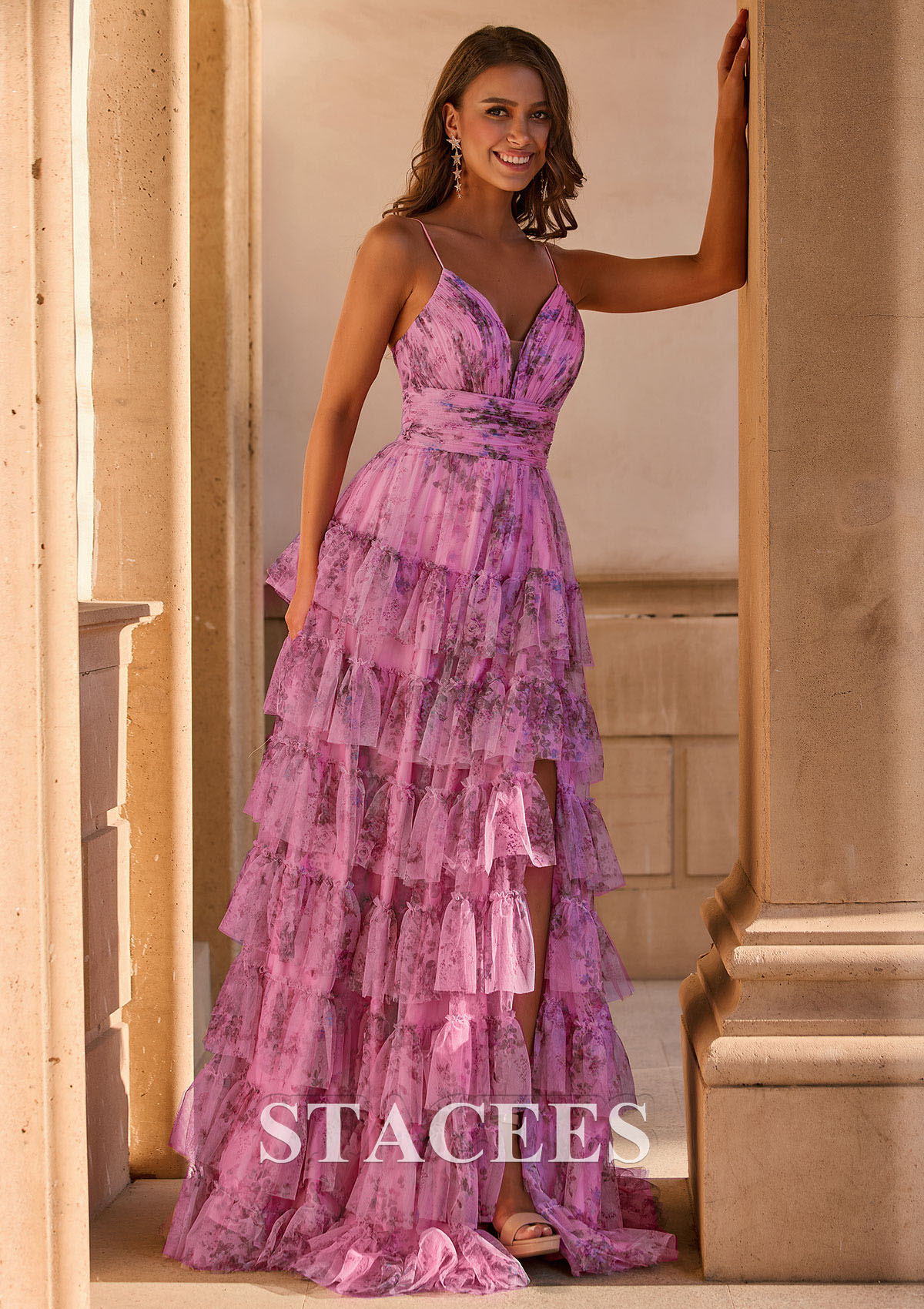 Candy Pink Vestido línea a escote en v tul barrer/cepillo tren vestido de graduación - STACEES