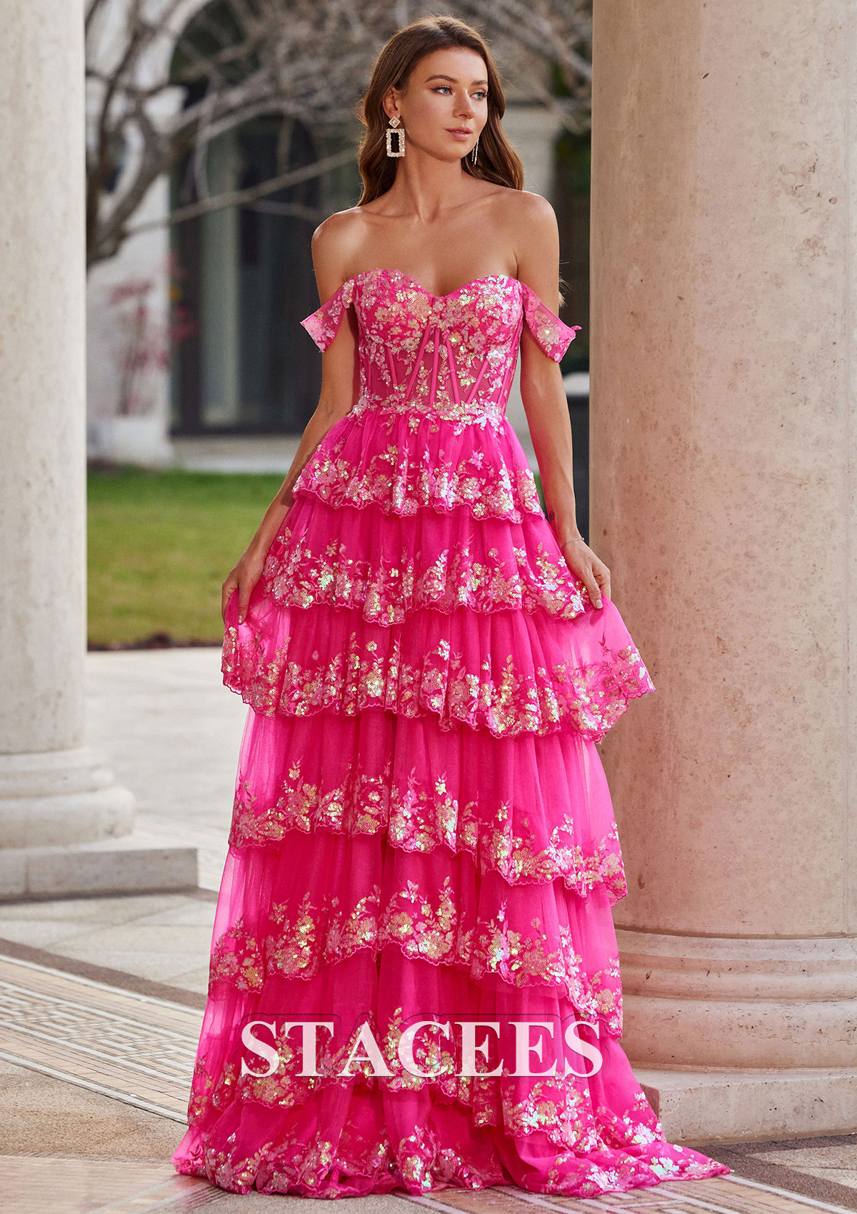 Fuchsia A-line Princess Off-the-Shoulder Sweep Train Tulle Prom Dress with Ruffles Sequins - STACEES