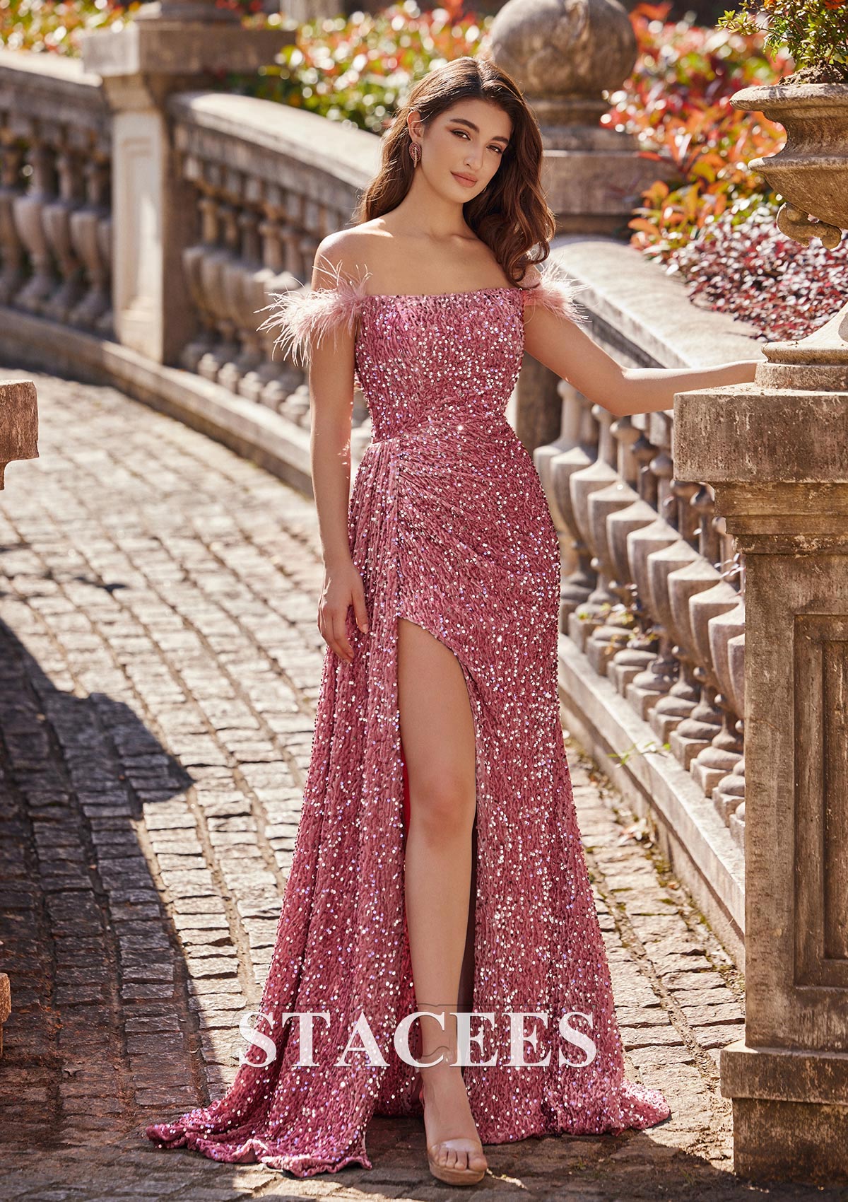 Vintage Mauve Sheath/Column Off-the-Shoulder Sweep Train Velvet Sequins Prom Dress with Side Draping Split - STACEES