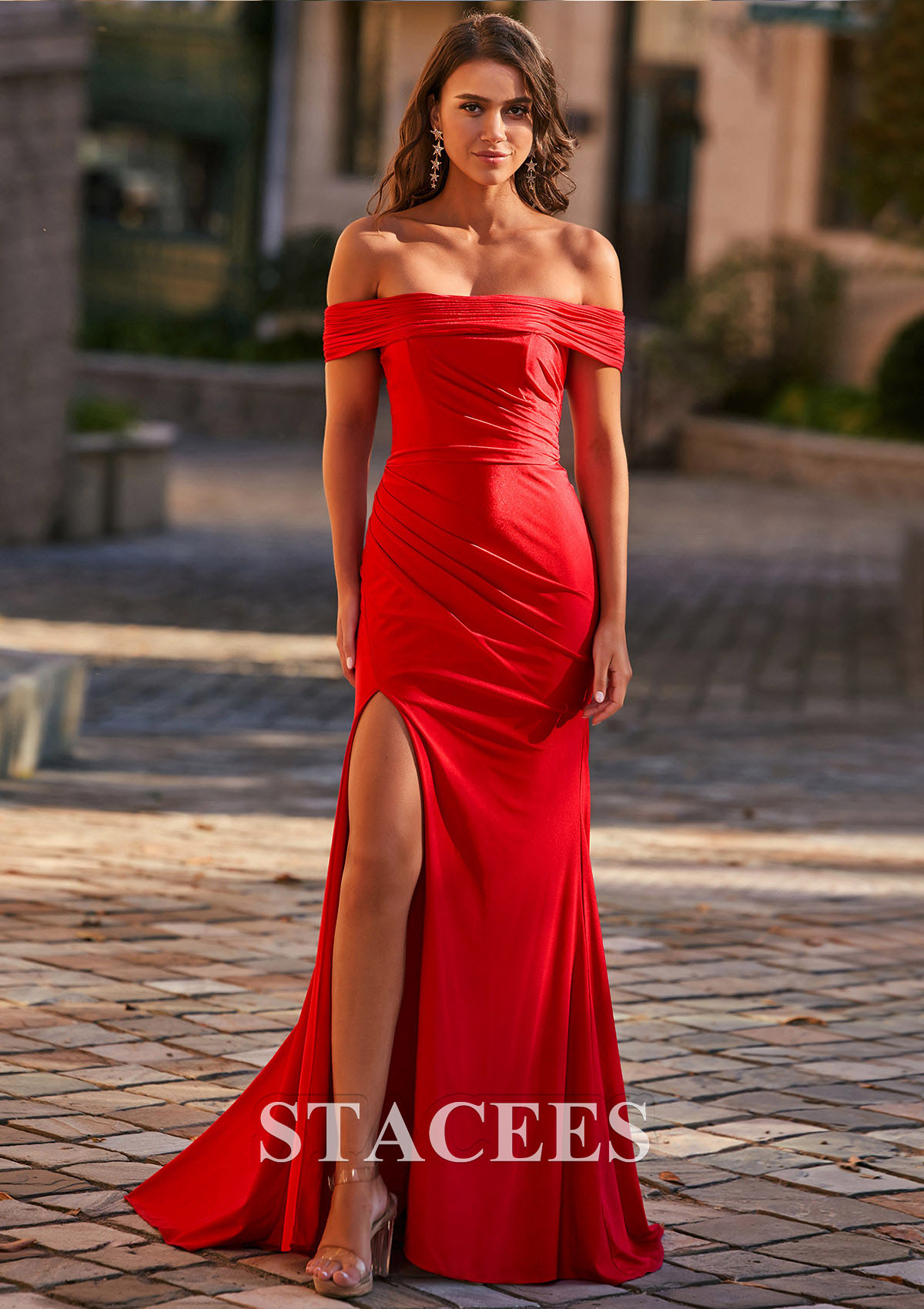 Red Trumpet/Mermaid Off-the-Shoulder Jersey Sweep Train Prom Dress with Pleated Split - STACEES