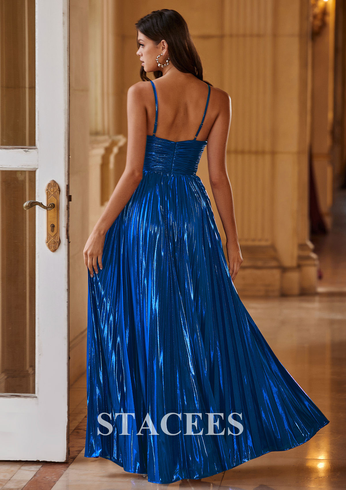 Azul Océano Vestido línea a cuello halter metálico hasta el suelo vestido de graduación - STACEES