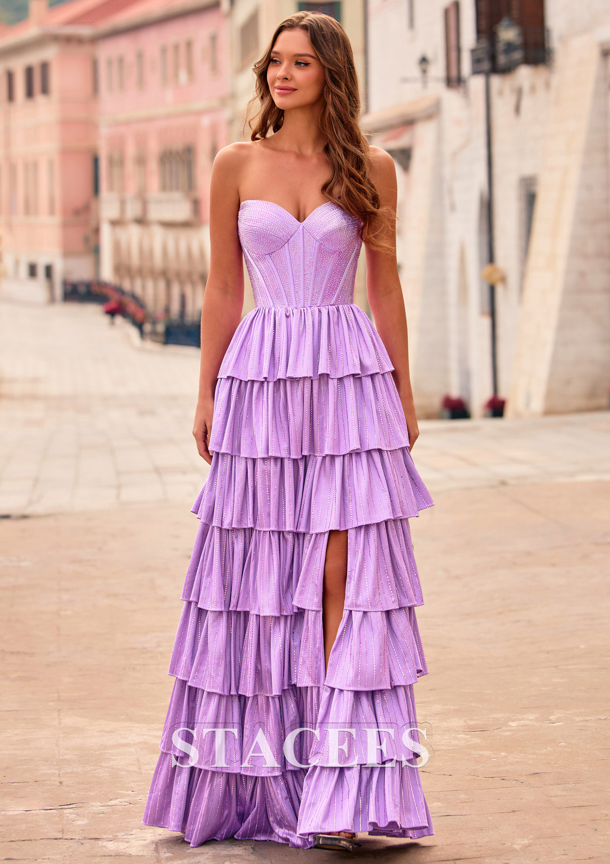 Lilas Trapèze cache coeur soie comme du satin longueur ras du sol robe de bal avec strass thermocollant volants - STACEES