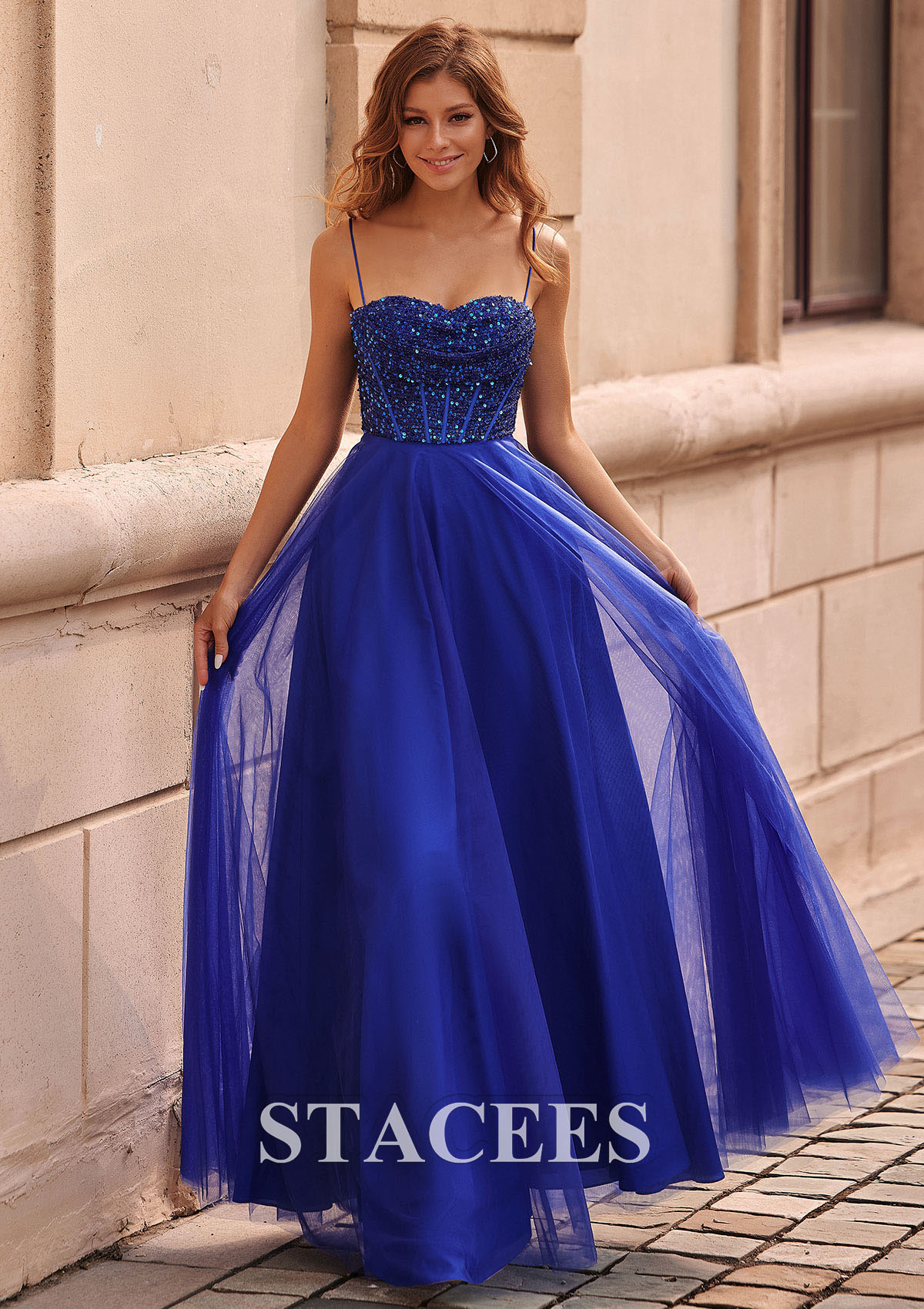 Royal Blue A-line Sweetheart Tulle Floor-Length Prom Dress with Pockets Sequins - STACEES