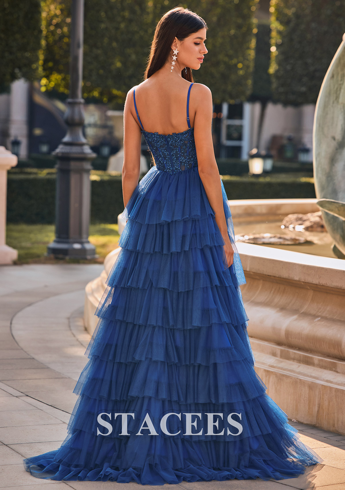 As Picture A-line Sweetheart Corset Ruffled Tulle Prom Dress with Spaghetti Straps - STACEES