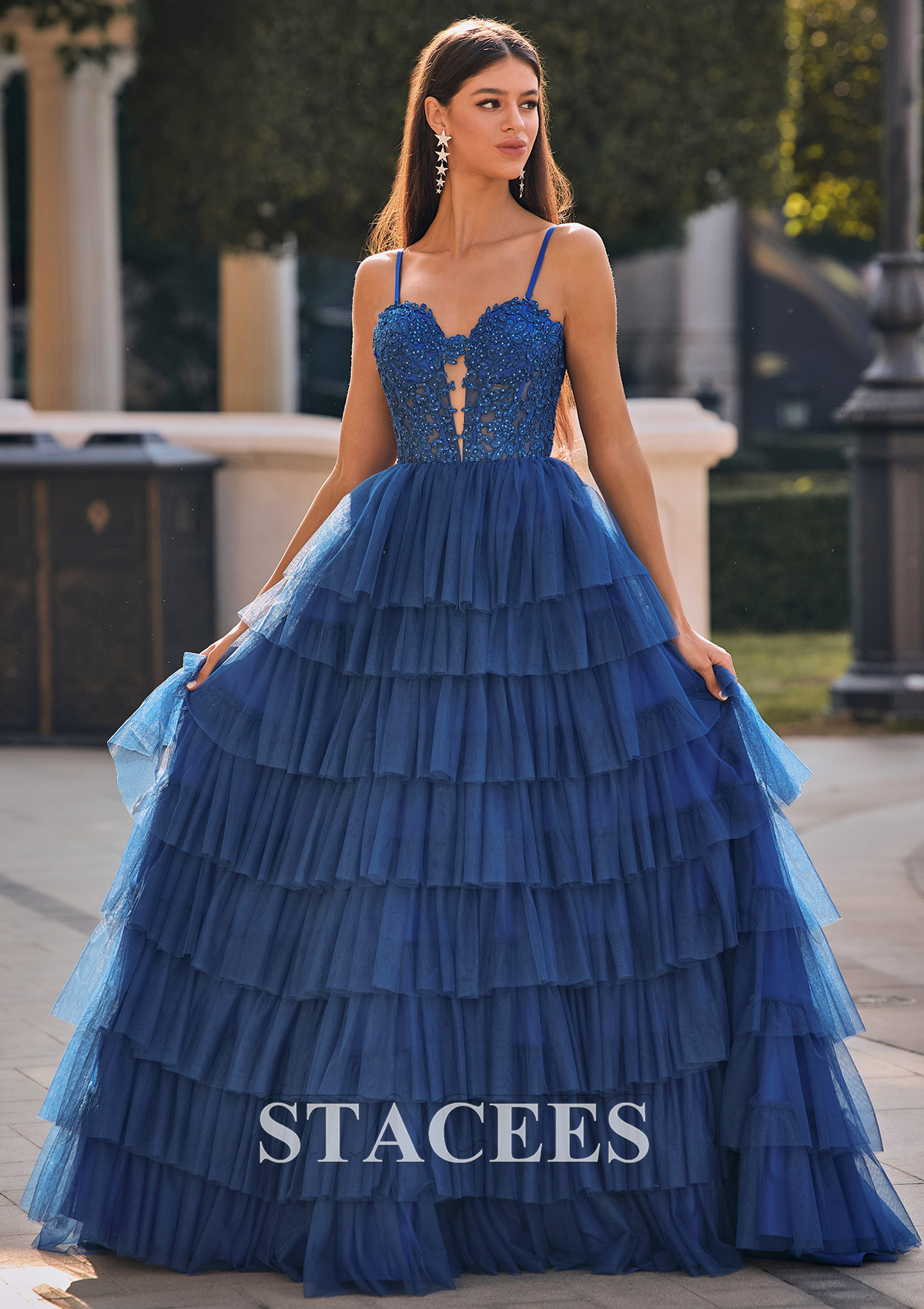 As Picture A-line Sweetheart Corset Ruffled Tulle Prom Dress with Spaghetti Straps - STACEES