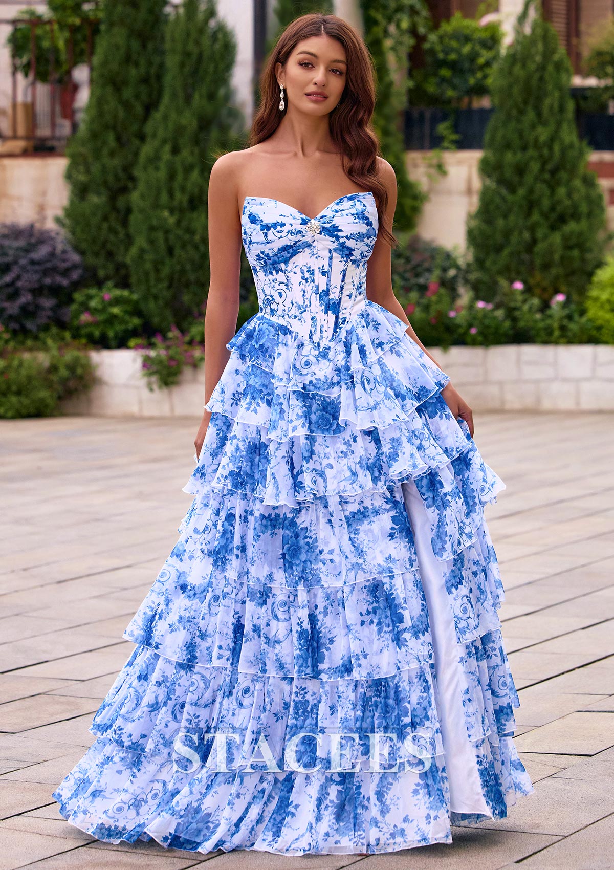 Ocean Blue Floral A-line Floral Print Strapless Vintage Tiered Ruffle Corset Prom Dress with Slit - STACEES