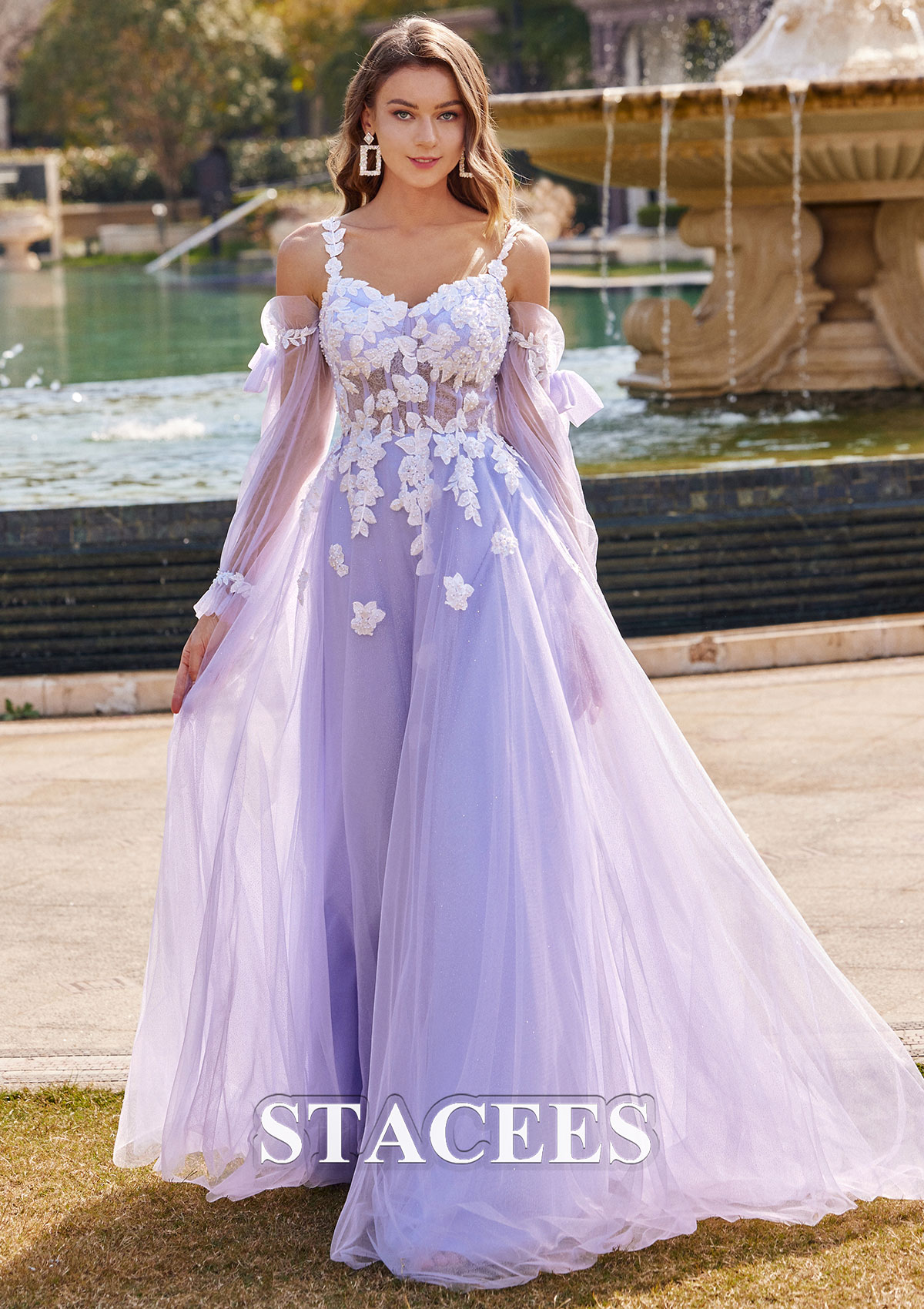 Lavender A-line V Neck Full/Long Sleeve Sweep Train Tulle Prom Dress with Appliqued Beading - STACEES